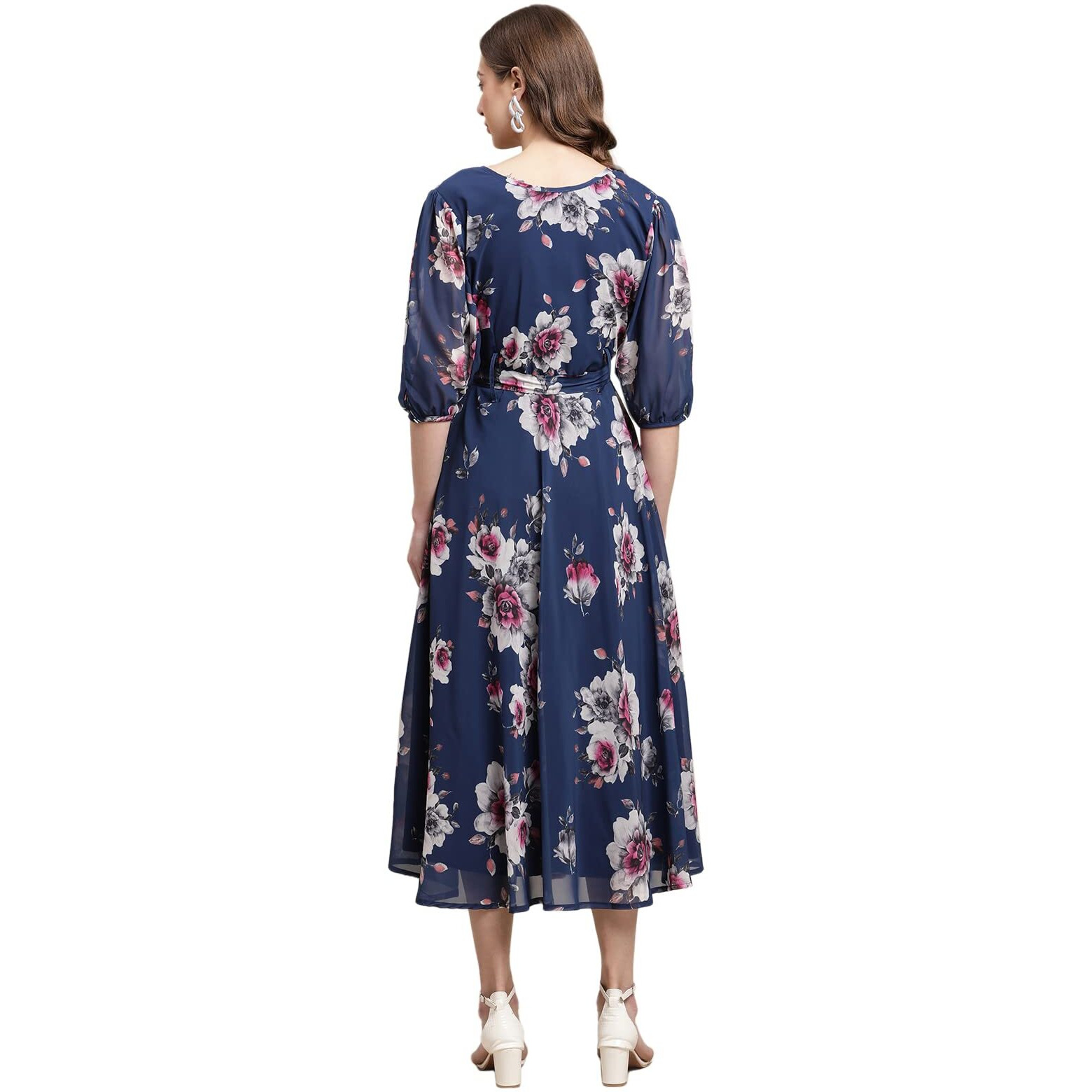 Preneum Women's Maxi Fit & Flare Latest Style Print Georgette Regular Sleeves Casual Summer Maxi | Festival & Occasion, Light Blue, L