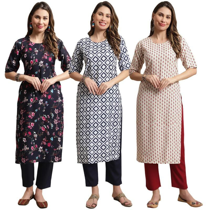 Pinkmint Straight Crepe Kurta & Pant For Women Ethnic Kurta Set For Women (Pack Of 3)