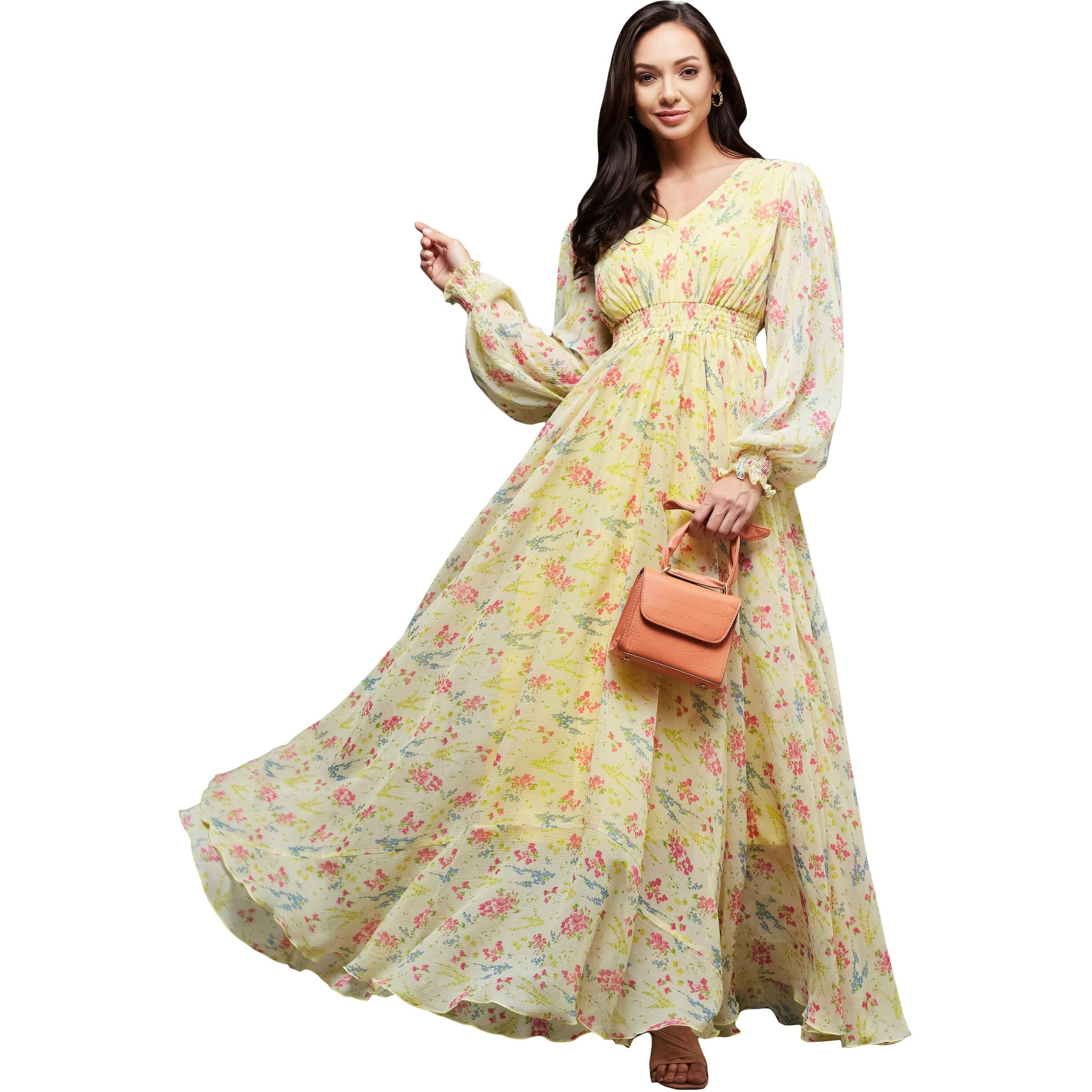 Miss Chase Women's V-Neck Bishop Sleeve Floral Gathered Chiffon Maxi Dress (Mcss23D06-65-278-07, Multicolored-Base-Lime Yellow, Xxl)