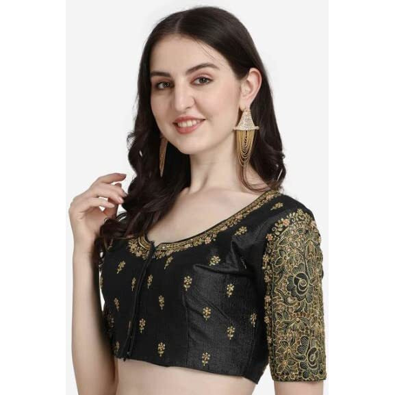 Pujia Mills Women's Silk Flower Embroidery Sleeves Cut Work Half Sleeve Readymade Saree Blouse (Gulab Rose_Black_38)
