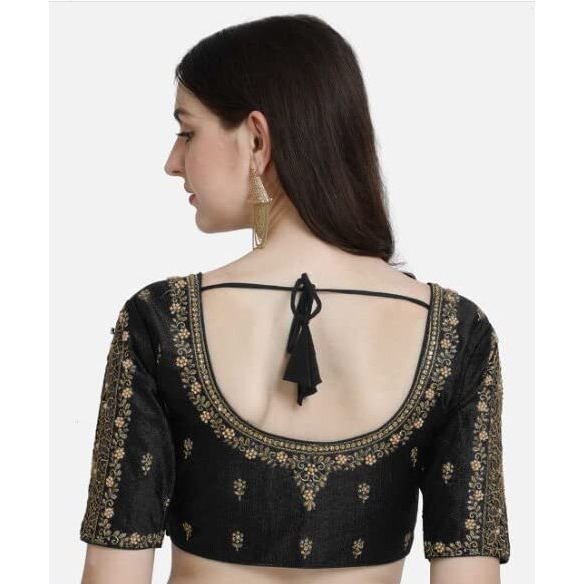 Pujia Mills Women's Silk Flower Embroidery Sleeves Cut Work Half Sleeve Readymade Saree Blouse (Gulab Rose_Black_38)