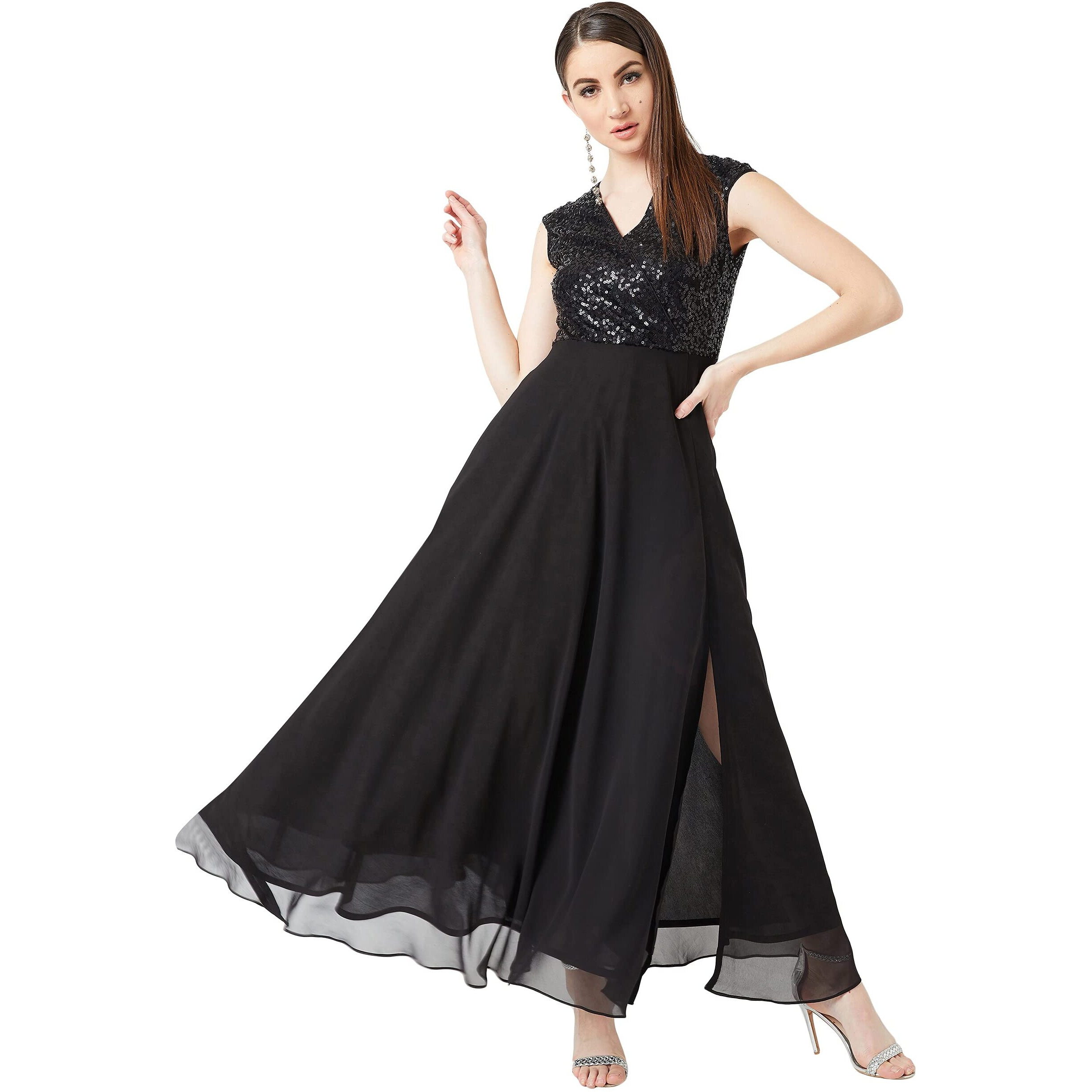 Miss Chase Women's Black V-Neck Cap Sleeved Solid Wrap Maxi Dress(Mcss20D06-10-62-06_Black_Xl)