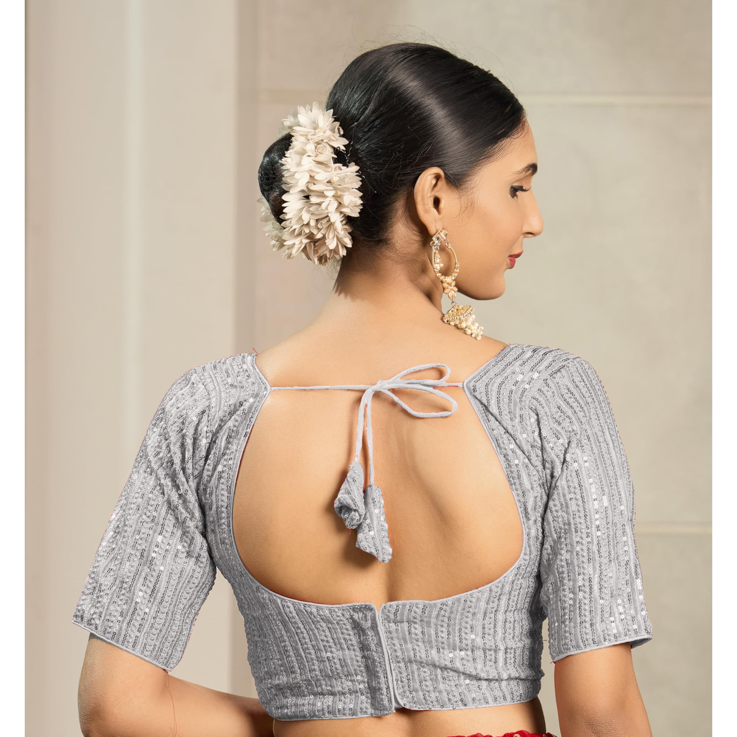 Pujia Mills Women's Indian Ethnic Wear Designer Silver Sequence With Matching Embroidered Work V Neck Half Sleeve Readymade Padded Saree Blouse Readymade Unique Silver Color Saree Blouse