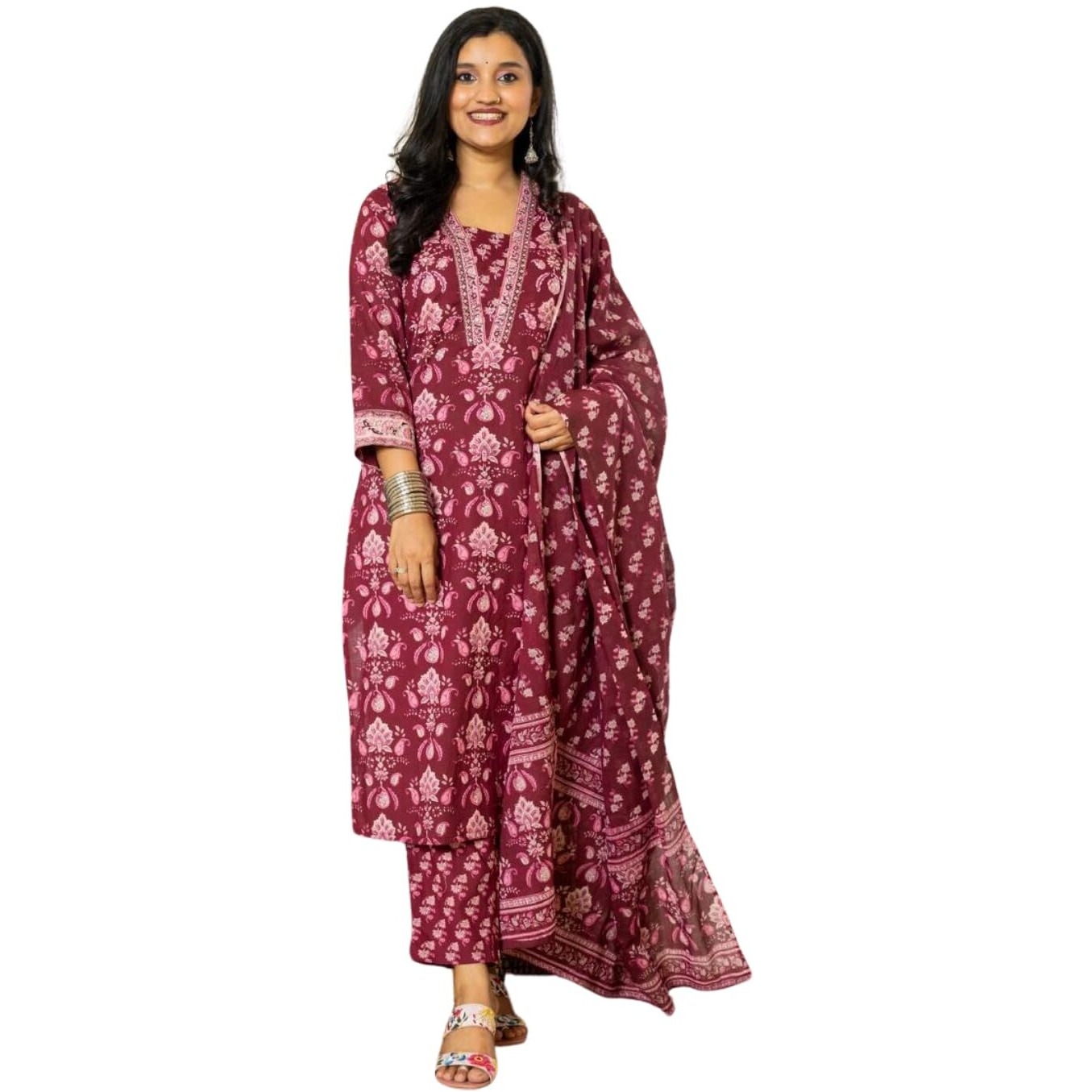 Nainvish Women's Viscose Rayon Printed Straight V-Neck Kurta Pant With Dupatta (Sd702_Kbd-Xl_Maroon)