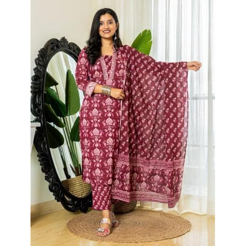 Nainvish Women's Viscose Rayon Printed Straight V-Neck Kurta Pant With Dupatta (Sd702_Kbd-Xl_Maroon)
