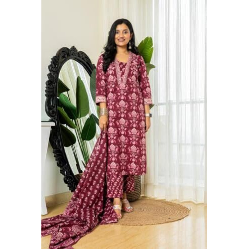Nainvish Women's Viscose Rayon Printed Straight V-Neck Kurta Pant With Dupatta (Sd702_Kbd-Xl_Maroon)