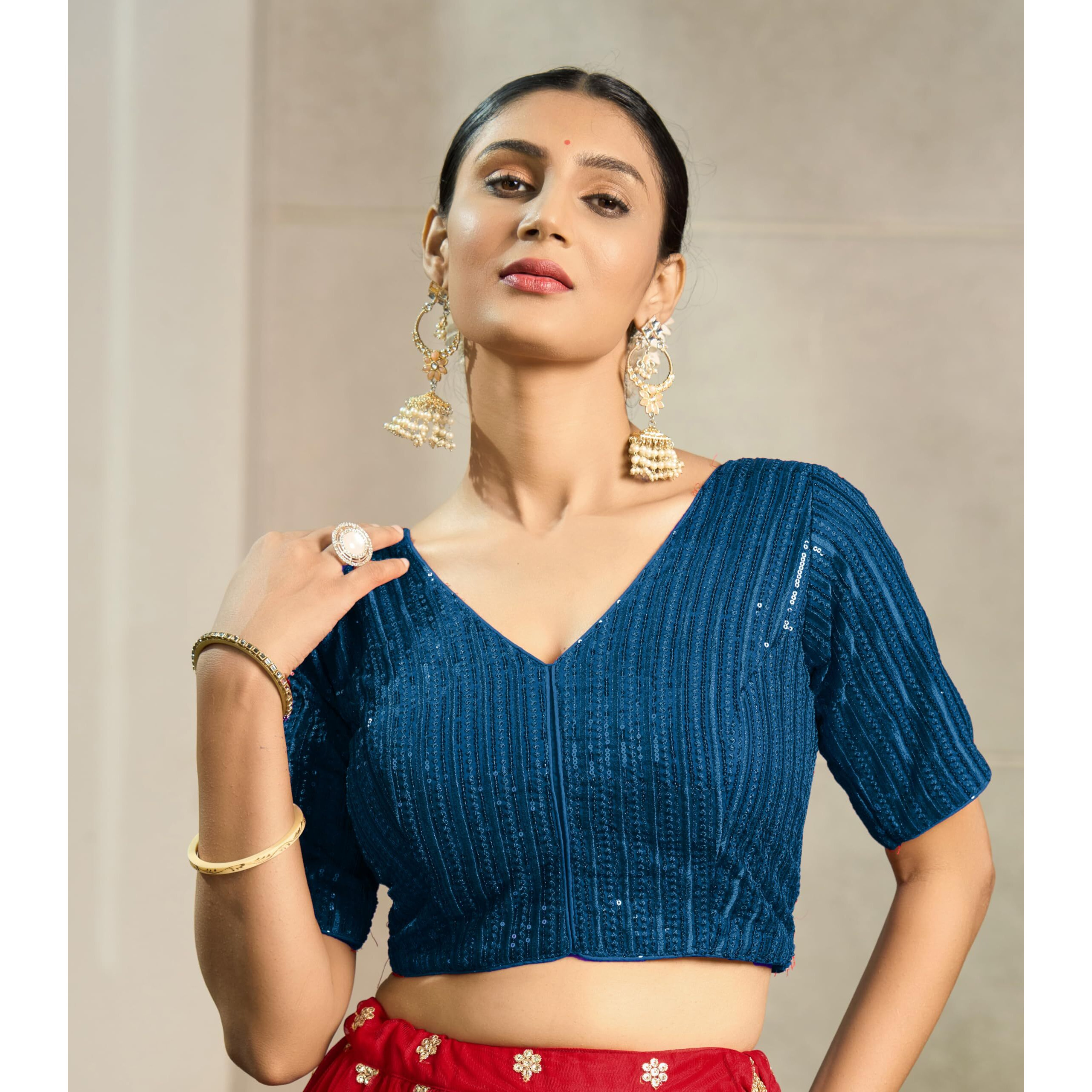 Pujia Mills Women's Indian Ethnic Wear Designer Silver Sequence With Matching Embroidered Work V Neck Half Sleeve Readymade Padded Saree Blouse Readymade Unique Morpeach Color Saree Blouse