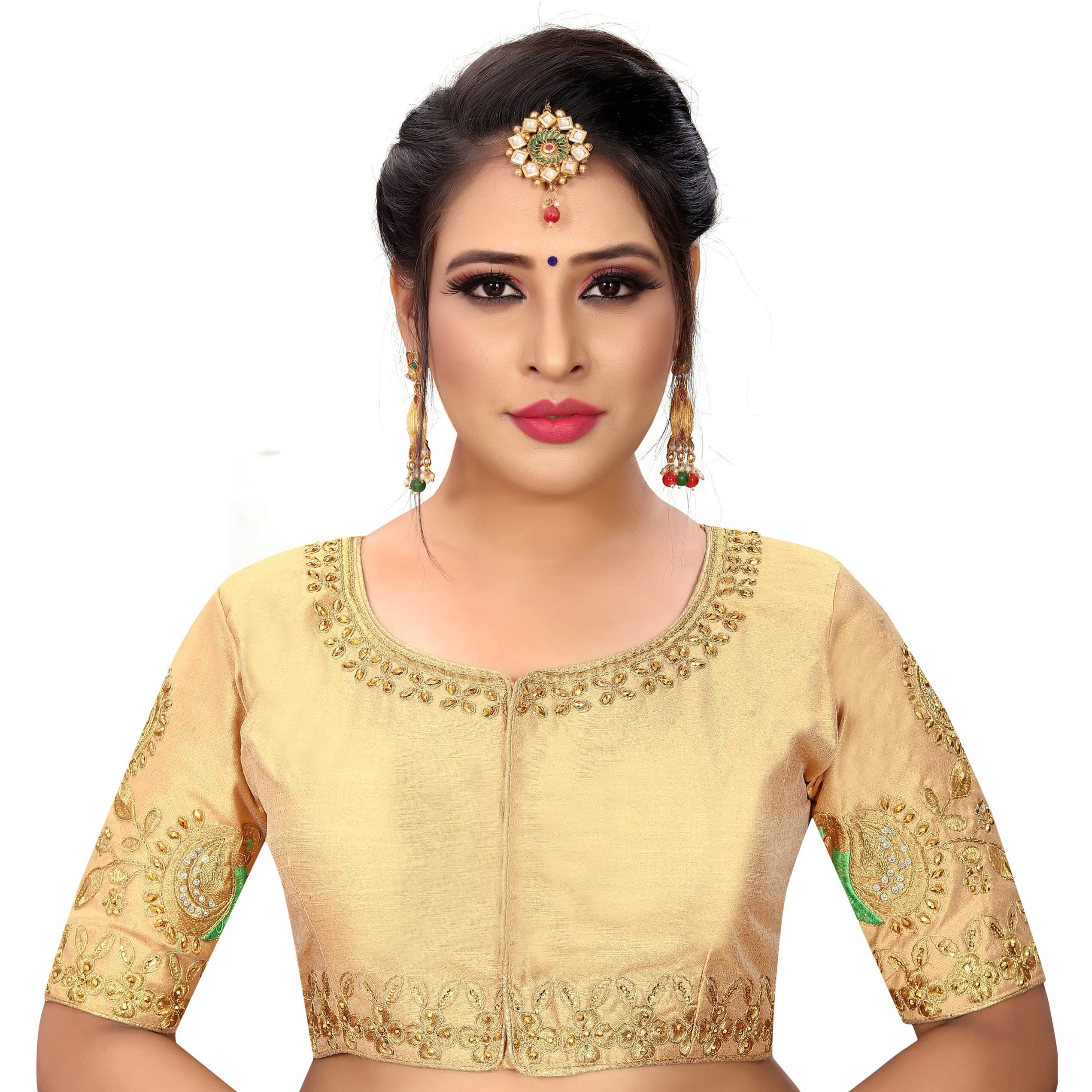 Pujia Mills Women's Phantom Silk Elephant Half Sleeve Saree Blouse (Dumbo_Golden_36 Size+Margin)