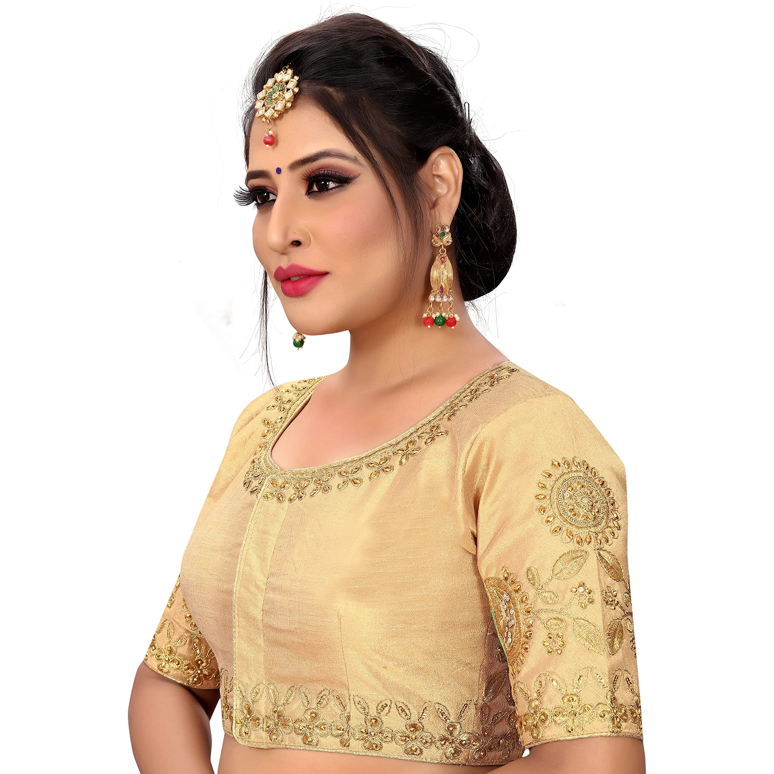 Pujia Mills Women's Phantom Silk Elephant Half Sleeve Saree Blouse (Dumbo_Golden_36 Size+Margin)