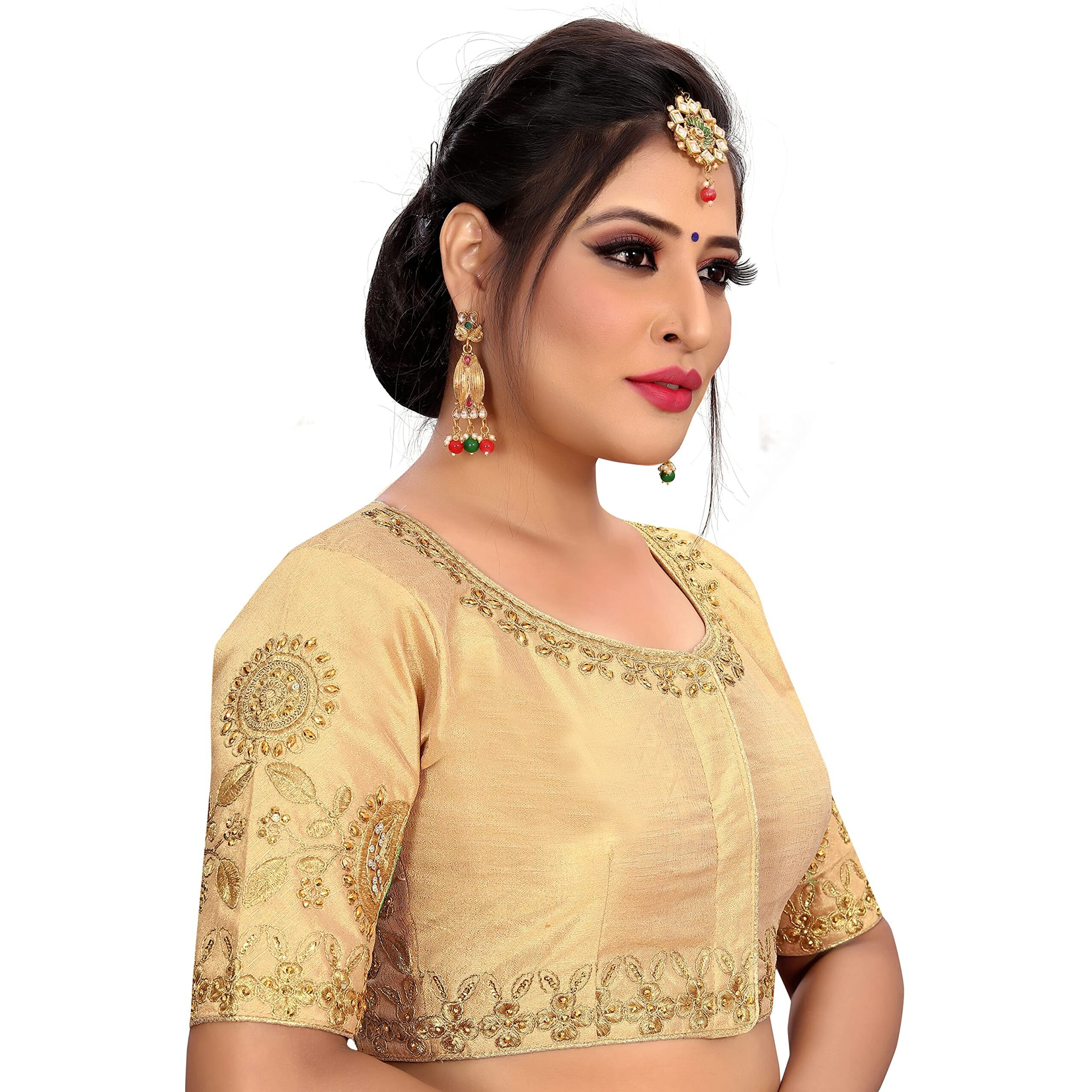 Pujia Mills Women's Phantom Silk Elephant Half Sleeve Saree Blouse (Dumbo_Golden_36 Size+Margin)