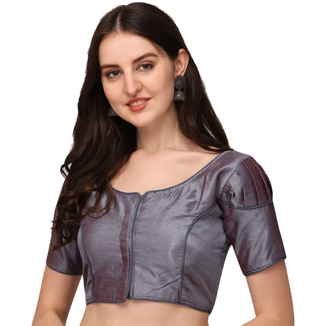 Pujia Mills Women's Silk Puff Sleeve Readymade Saree Blouse (Puffy_Grey_38)