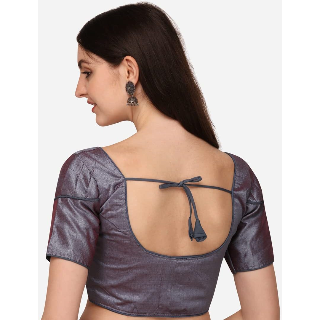 Pujia Mills Women's Silk Puff Sleeve Readymade Saree Blouse (Puffy_Grey_38)