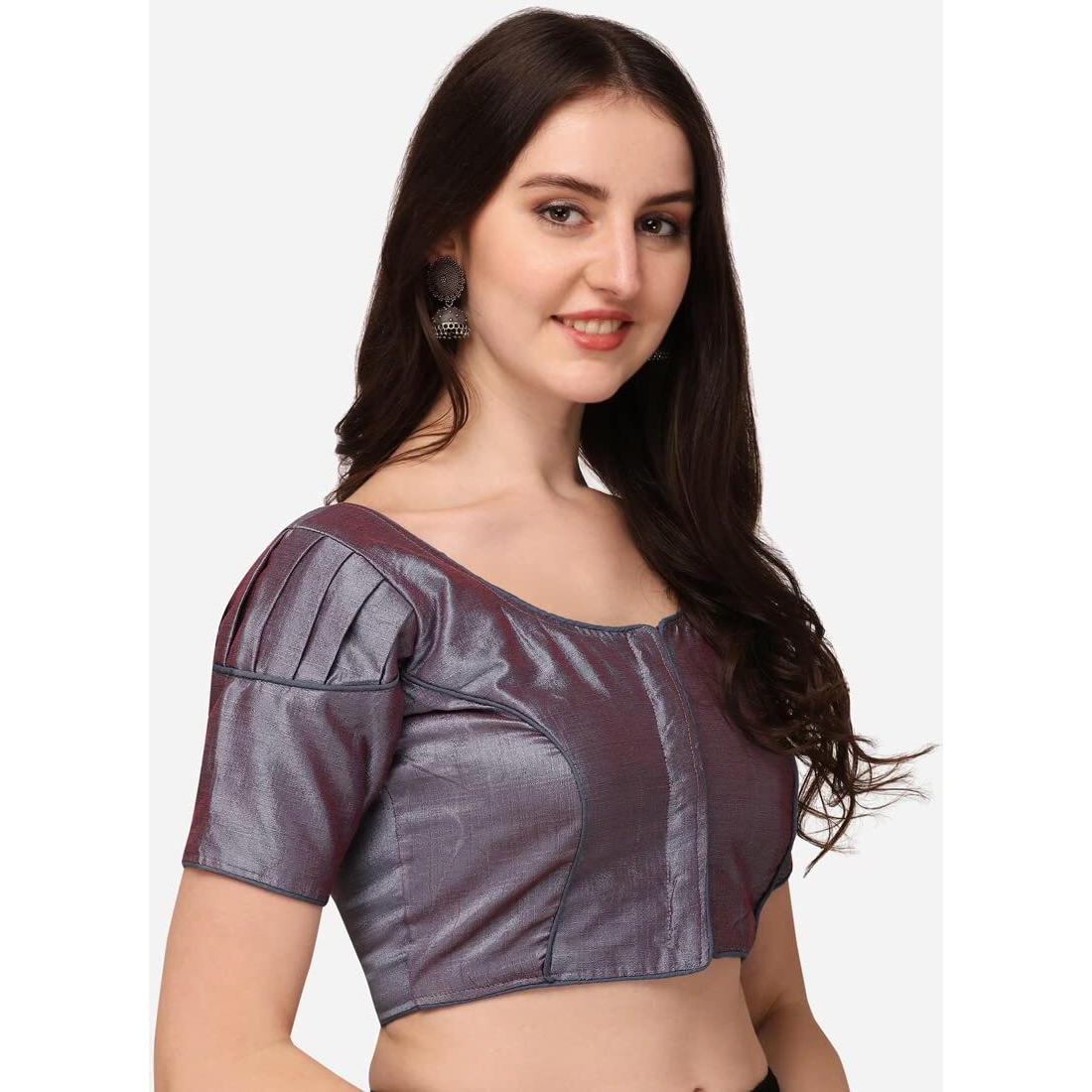 Pujia Mills Women's Silk Puff Sleeve Readymade Saree Blouse (Puffy_Grey_38)