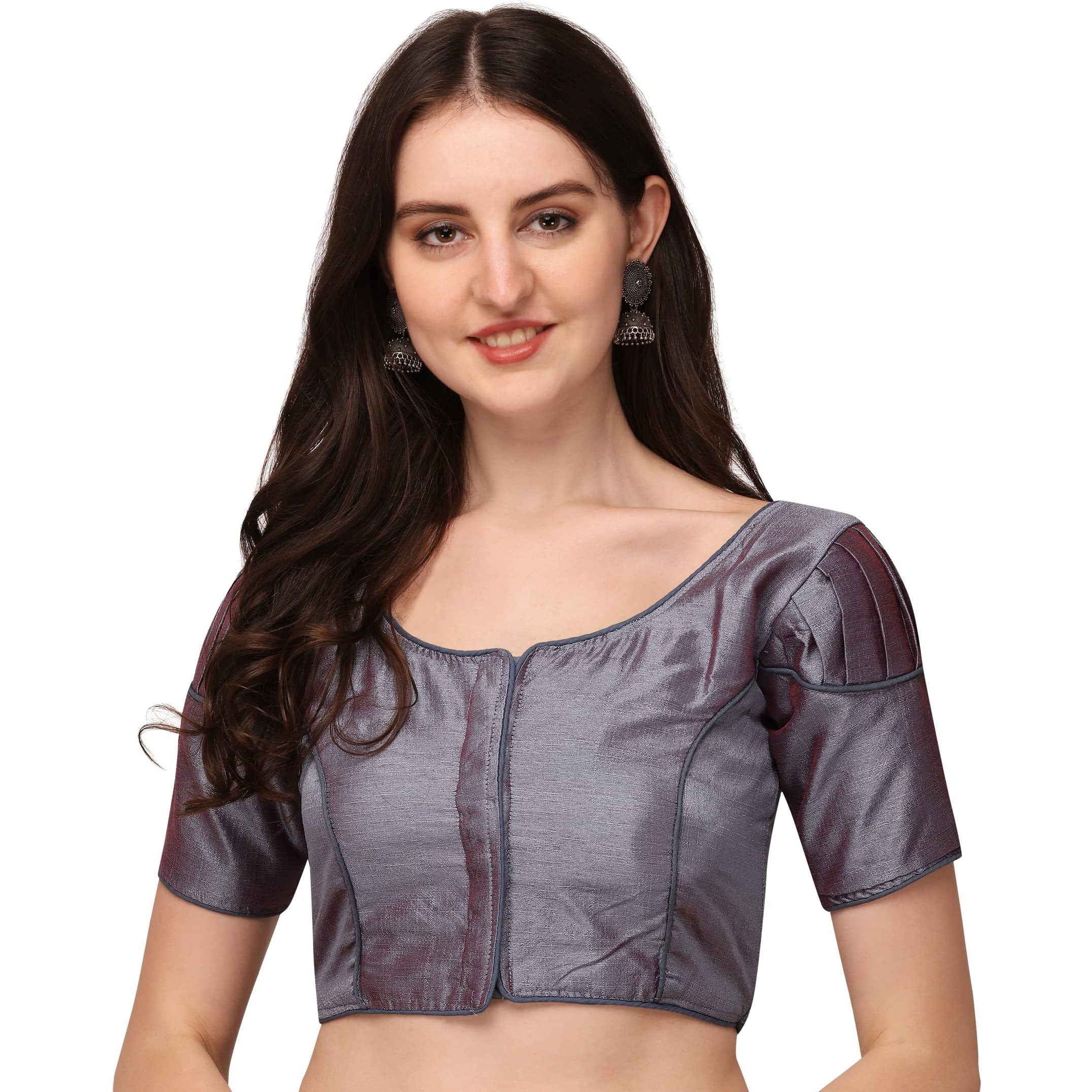 Pujia Mills Women's Silk Shoulder Puff Sleeve Readymade Saree Blouse