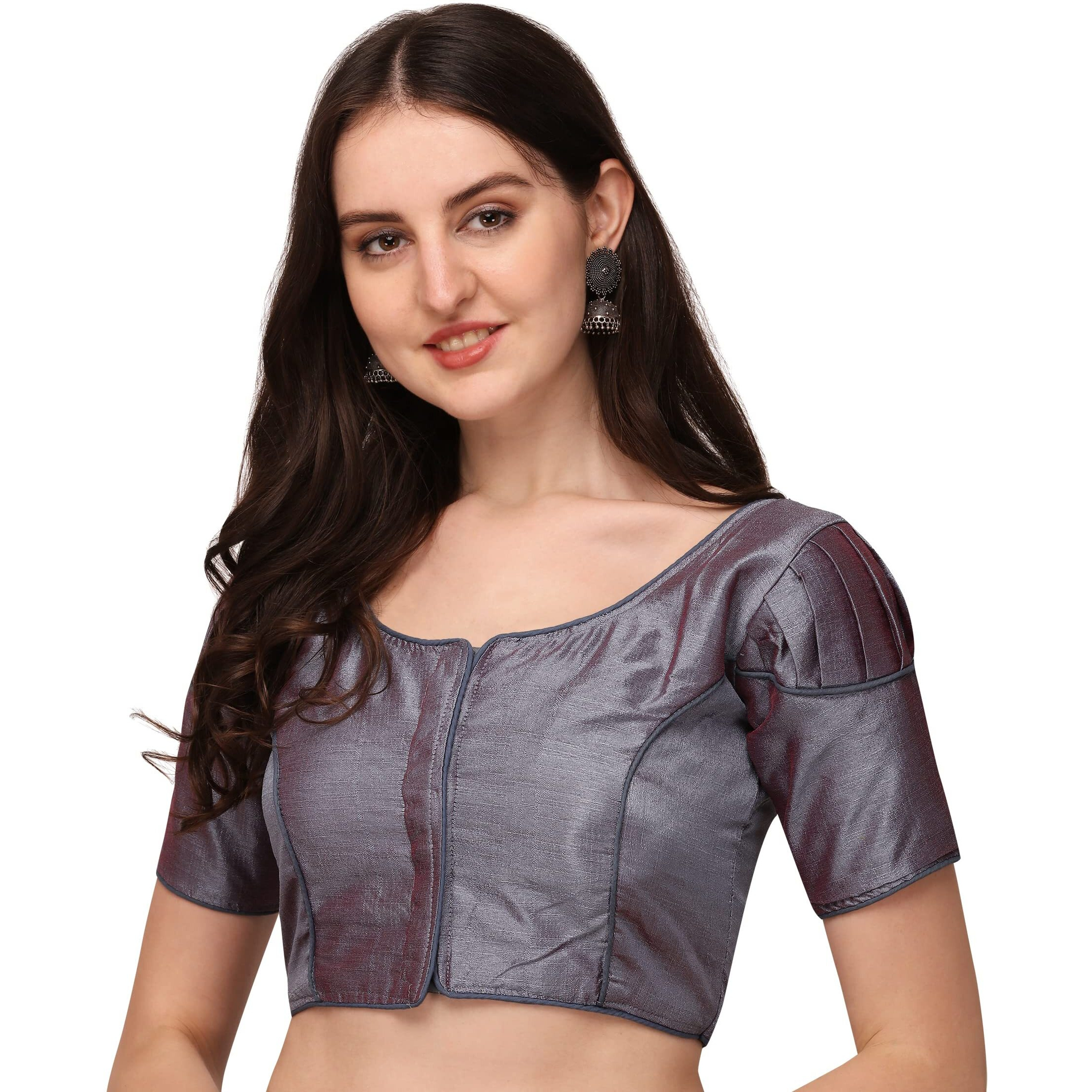 Pujia Mills Women's Silk Shoulder Puff Sleeve Readymade Saree Blouse