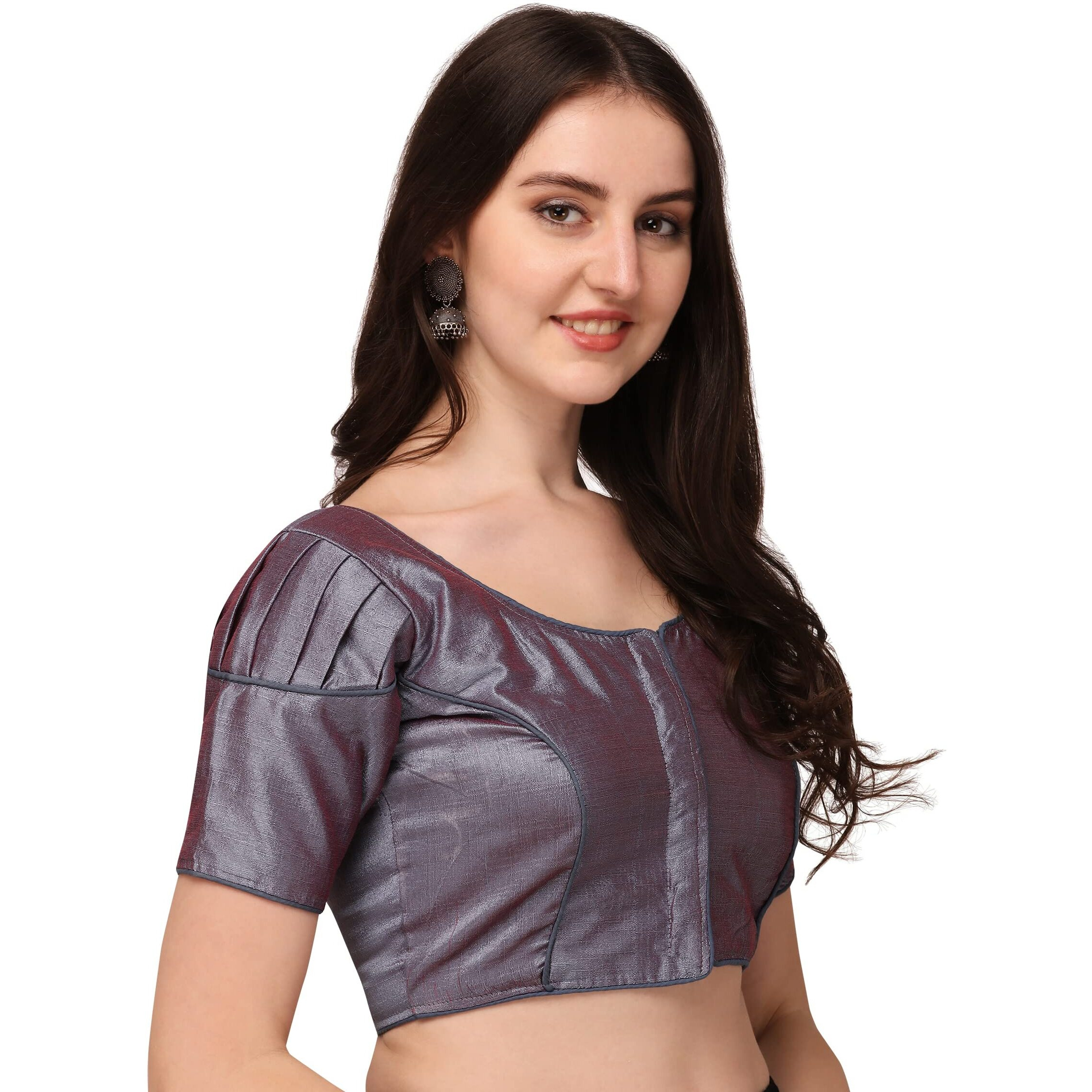 Pujia Mills Women's Silk Shoulder Puff Sleeve Readymade Saree Blouse