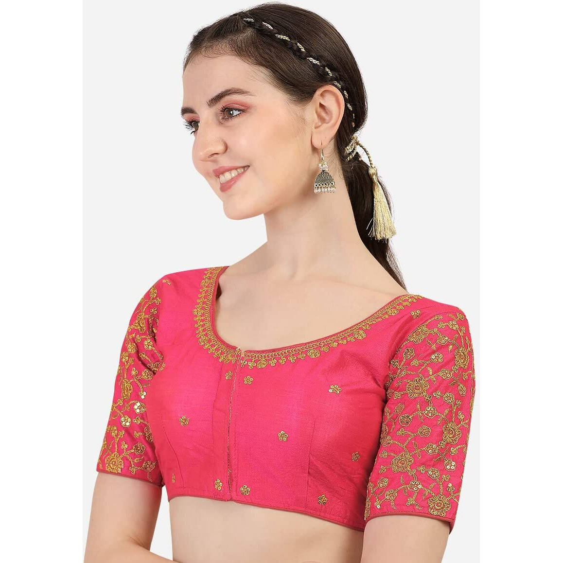 Pujia Mills Women's Phantom Silk Flowerhalf Sleeve Saree Blouse (Flowerr Blouse_Gajari_38 Size+Margin)