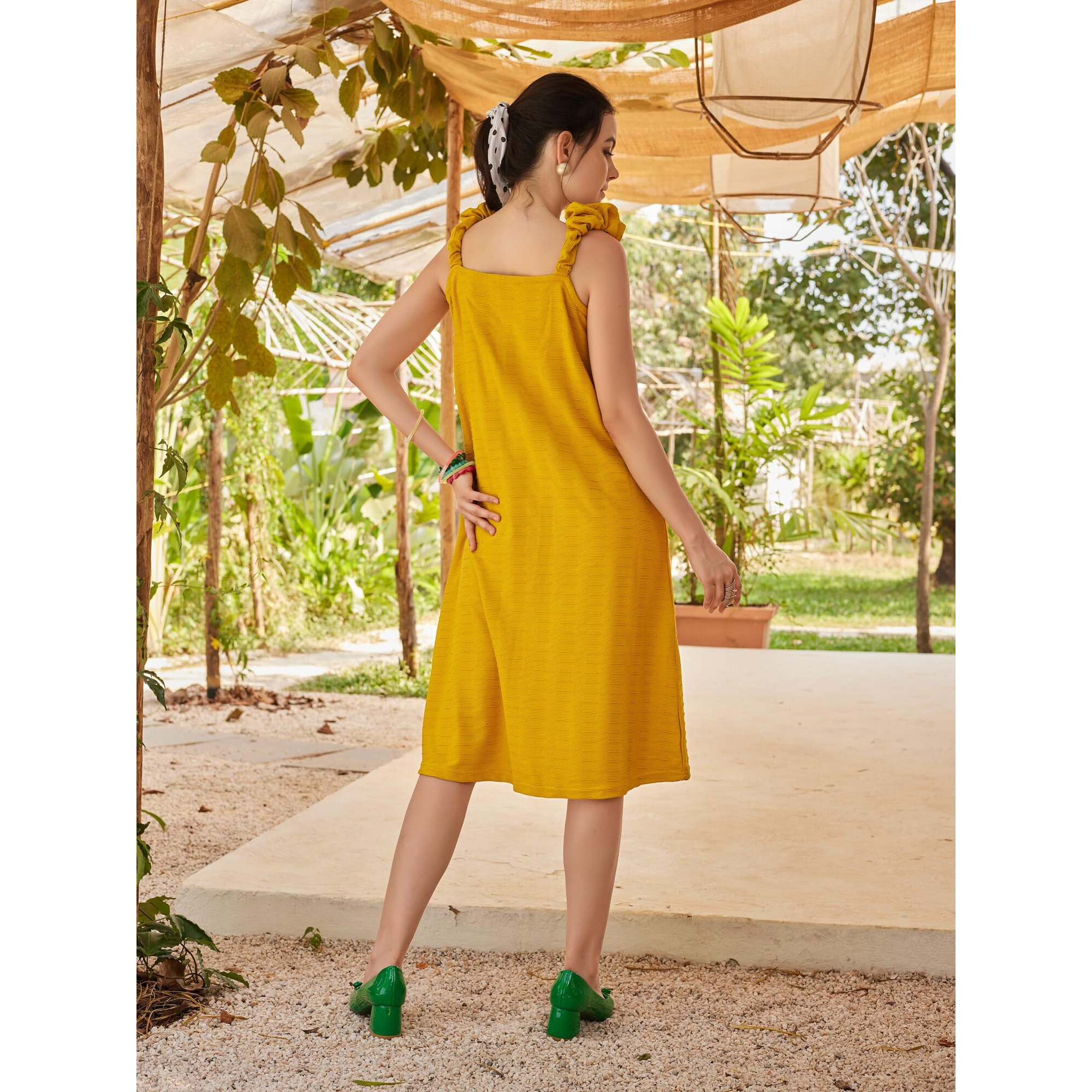 Purvaja Womens A-Line Below Knee Length Dress (Suzi-012-Yellow_Yellow_Large)