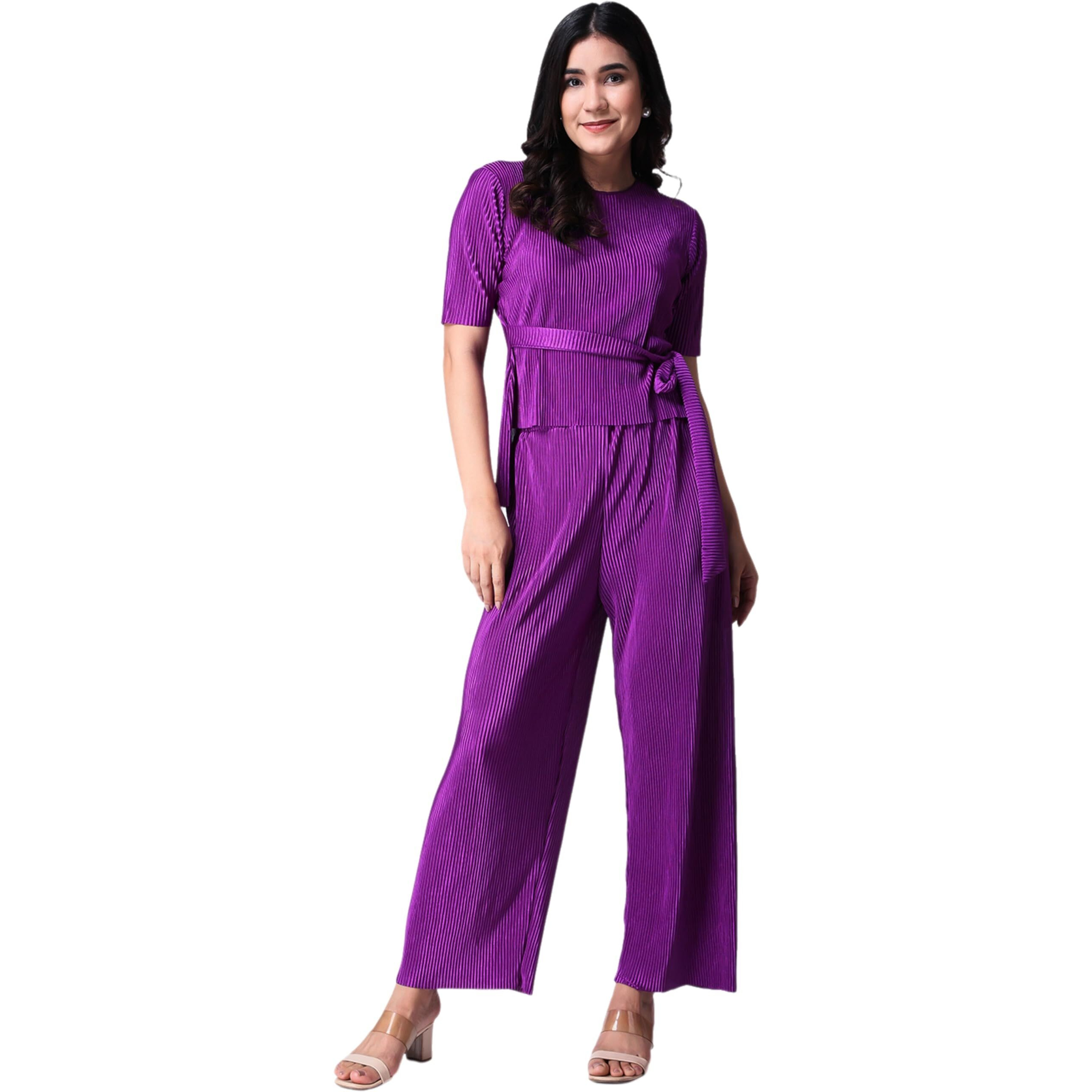 Popwings Casual Women Wrinkle Textured Purple Co-Ords Set