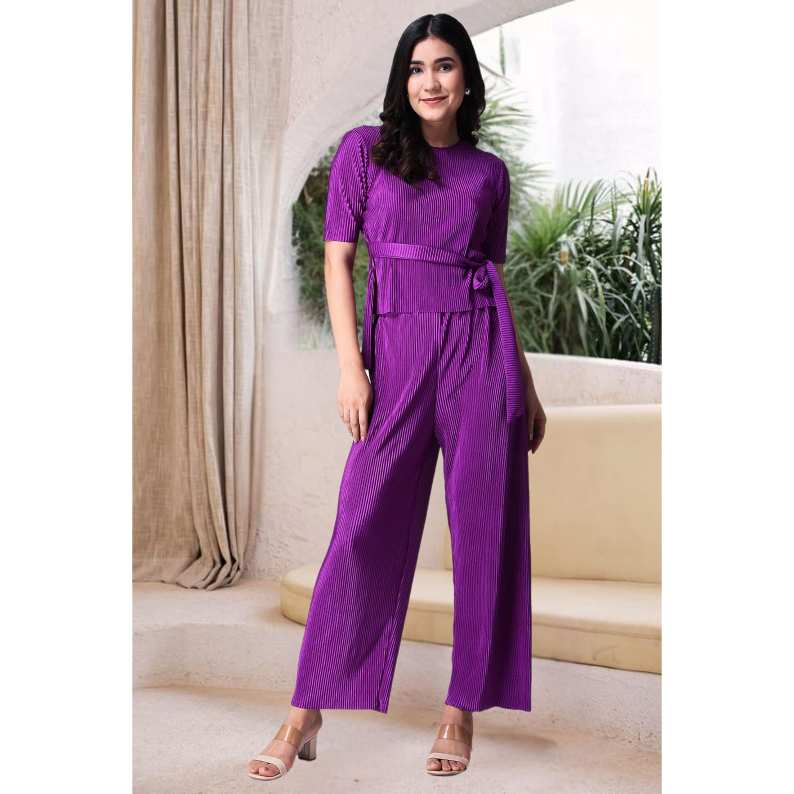 Popwings Casual Women Wrinkle Textured Purple Co-Ords Set