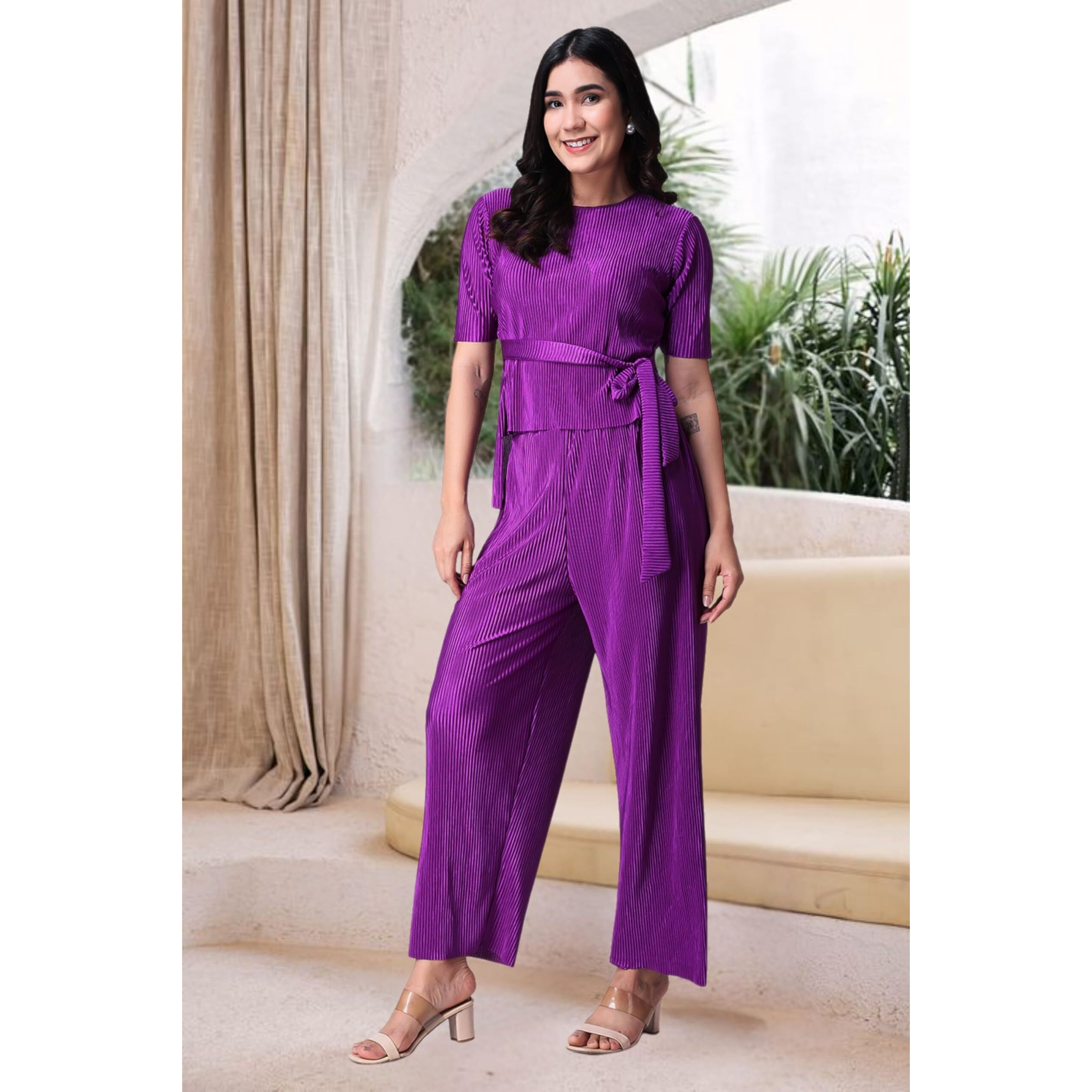 Popwings Casual Women Wrinkle Textured Purple Co-Ords Set