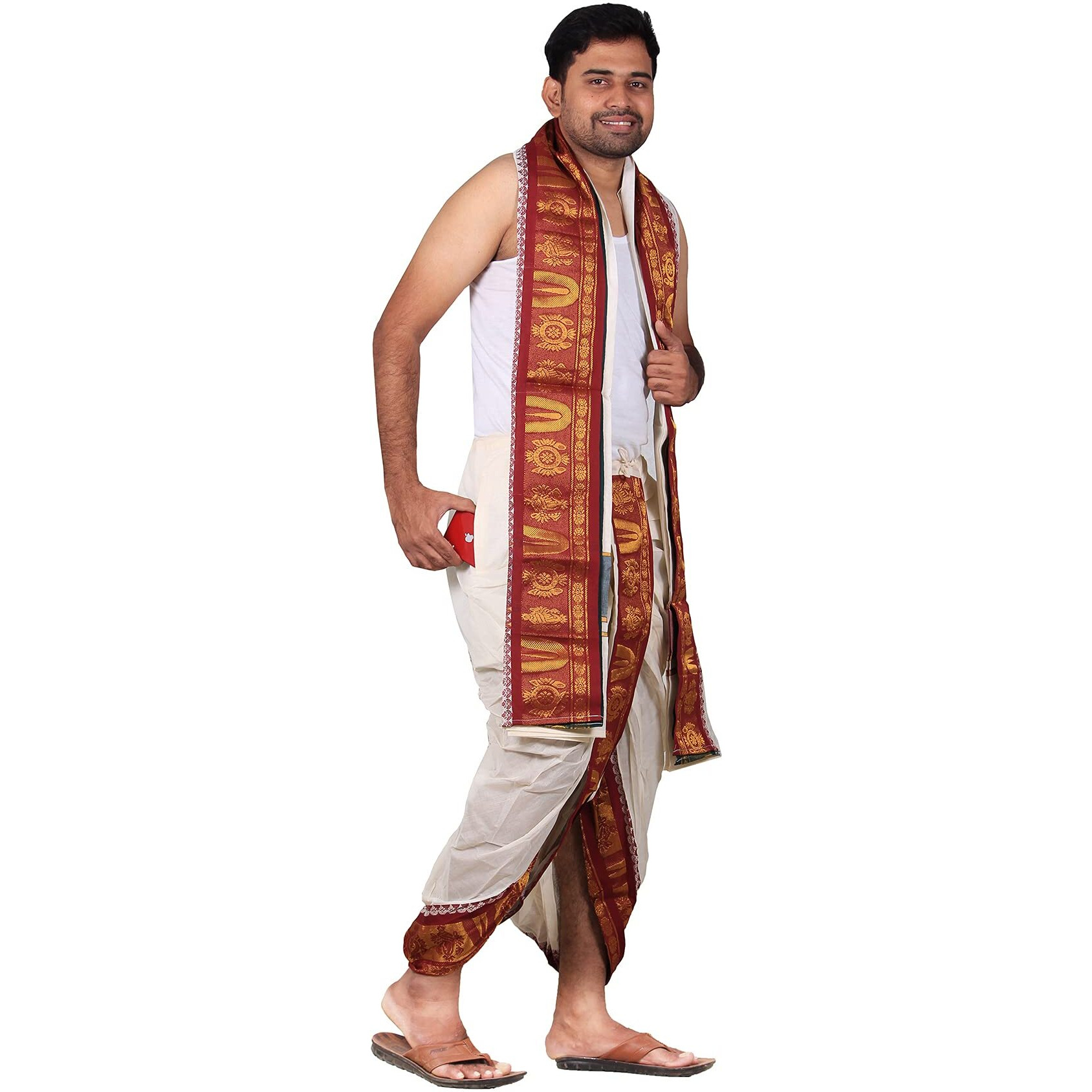 Prakasam Cotton Men's Stitched Panchakacham (Ready To Wear) Dhoti Towel Set With Pocket- Free Size. (Off White (Namam))