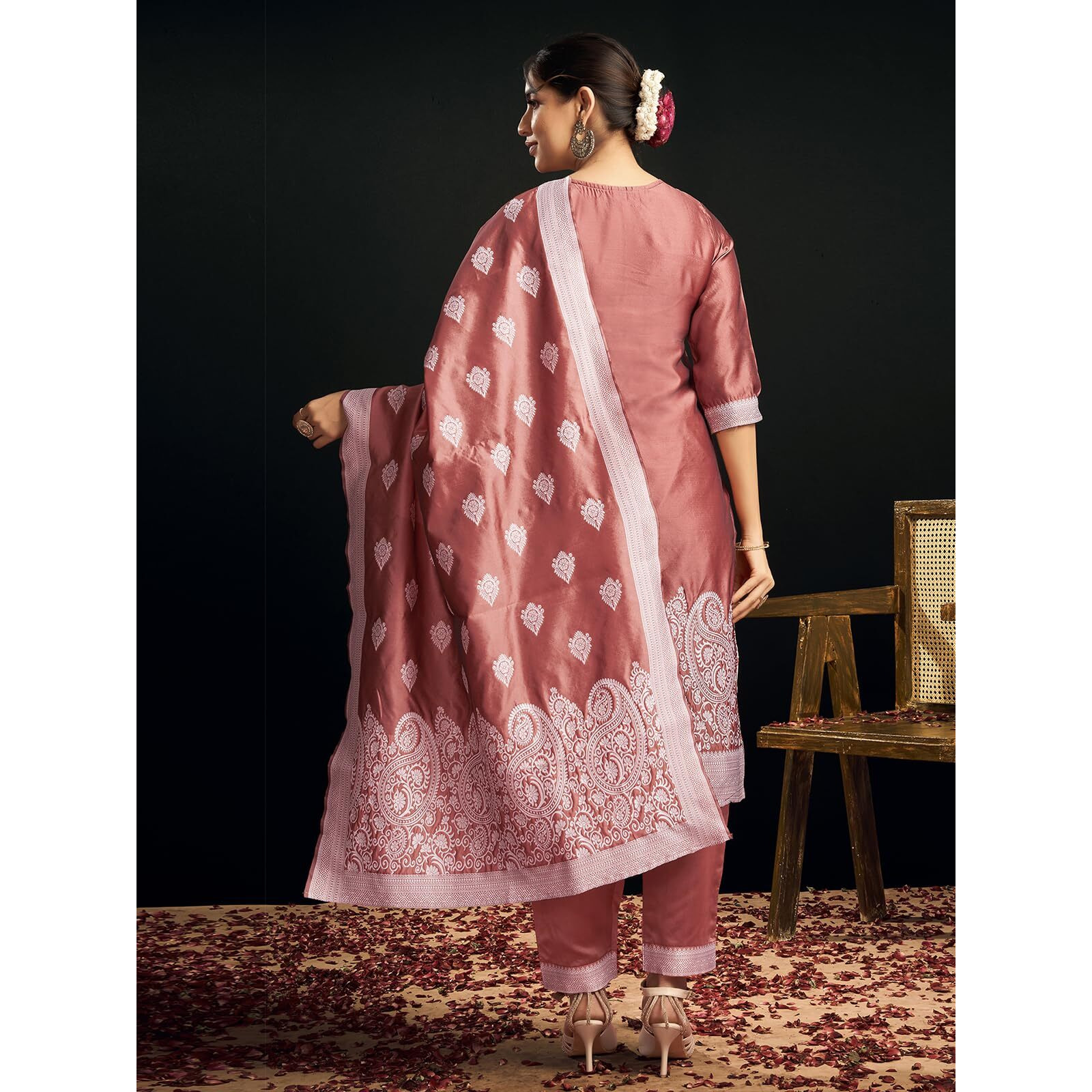 Sanisa Women's Silk Blend Jacquard Work Straight Kurta With Pant And Dupatta Set (217Kbd2295Na-L_Dusty Pink & Off White)