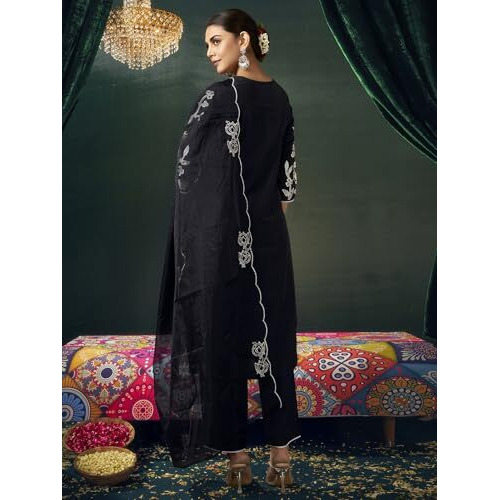 Sanisa Women's Silk Blend Embroidery And Mirror Work Straight Kurta With Pant And Dupatta Set (187Kbd1994N-M_Black)