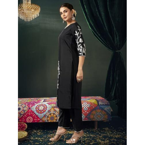 Sanisa Women's Silk Blend Embroidery And Mirror Work Straight Kurta With Pant And Dupatta Set (187Kbd1994N-M_Black)