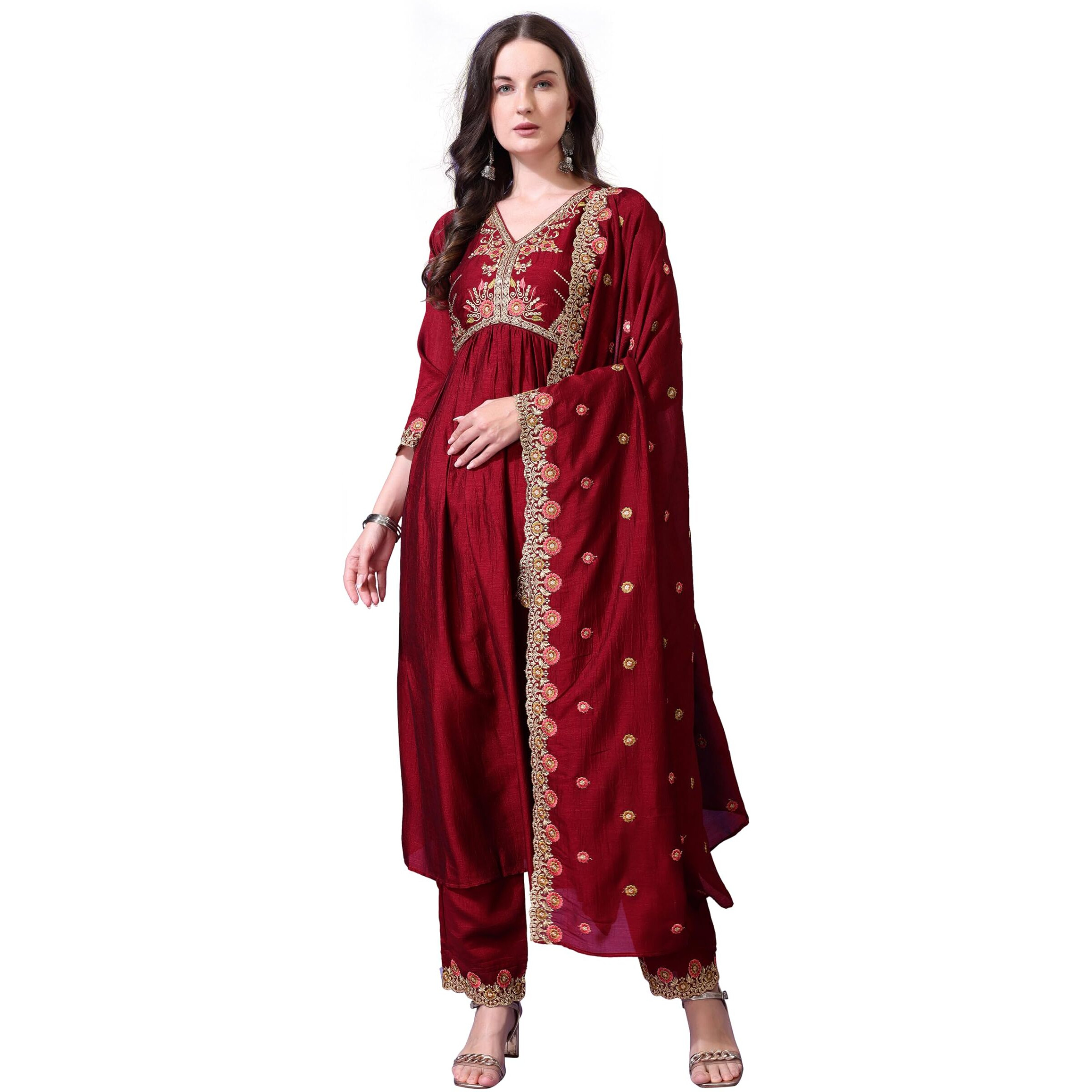 Pratham Blue Women's Silk Embroidered Anarkali Kurta Palazzos With Dupatta |Kurta Sets For Women |Women Kurta |Women Embroidered Kurta Sets Kurtis (Bkp-1015-S_Red)