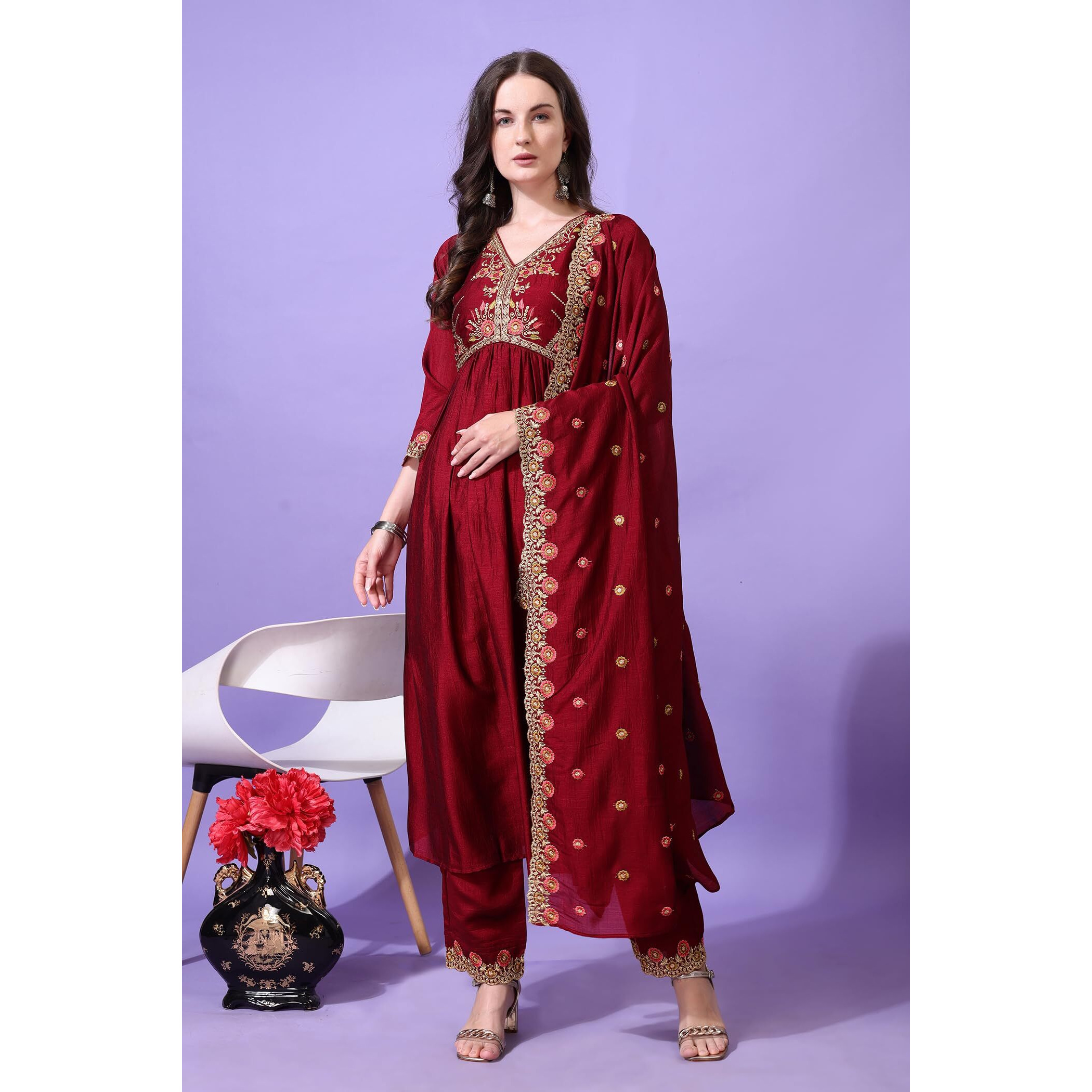 Pratham Blue Women's Silk Embroidered Anarkali Kurta Palazzos With Dupatta |Kurta Sets For Women |Women Kurta |Women Embroidered Kurta Sets Kurtis (Bkp-1015-S_Red)