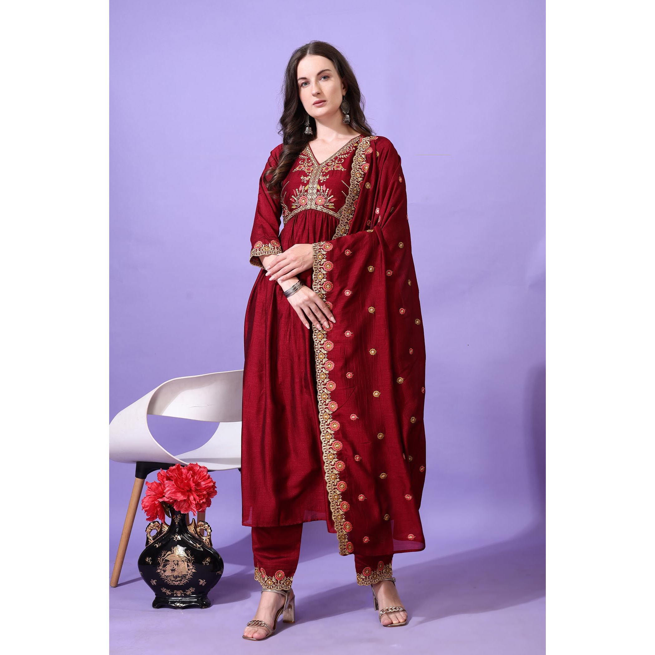 Pratham Blue Women's Silk Embroidered Anarkali Kurta Palazzos With Dupatta |Kurta Sets For Women |Women Kurta |Women Embroidered Kurta Sets Kurtis (Bkp-1015-S_Red)