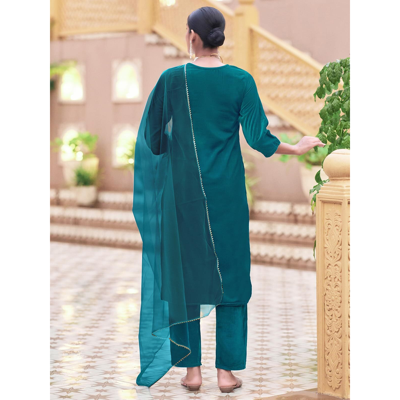 Sanisa Women's Velvet Sequins Embroidery Straight Kurta With Pant And Dupatta Set (224Kbd2371N-L_Rama Blue1)