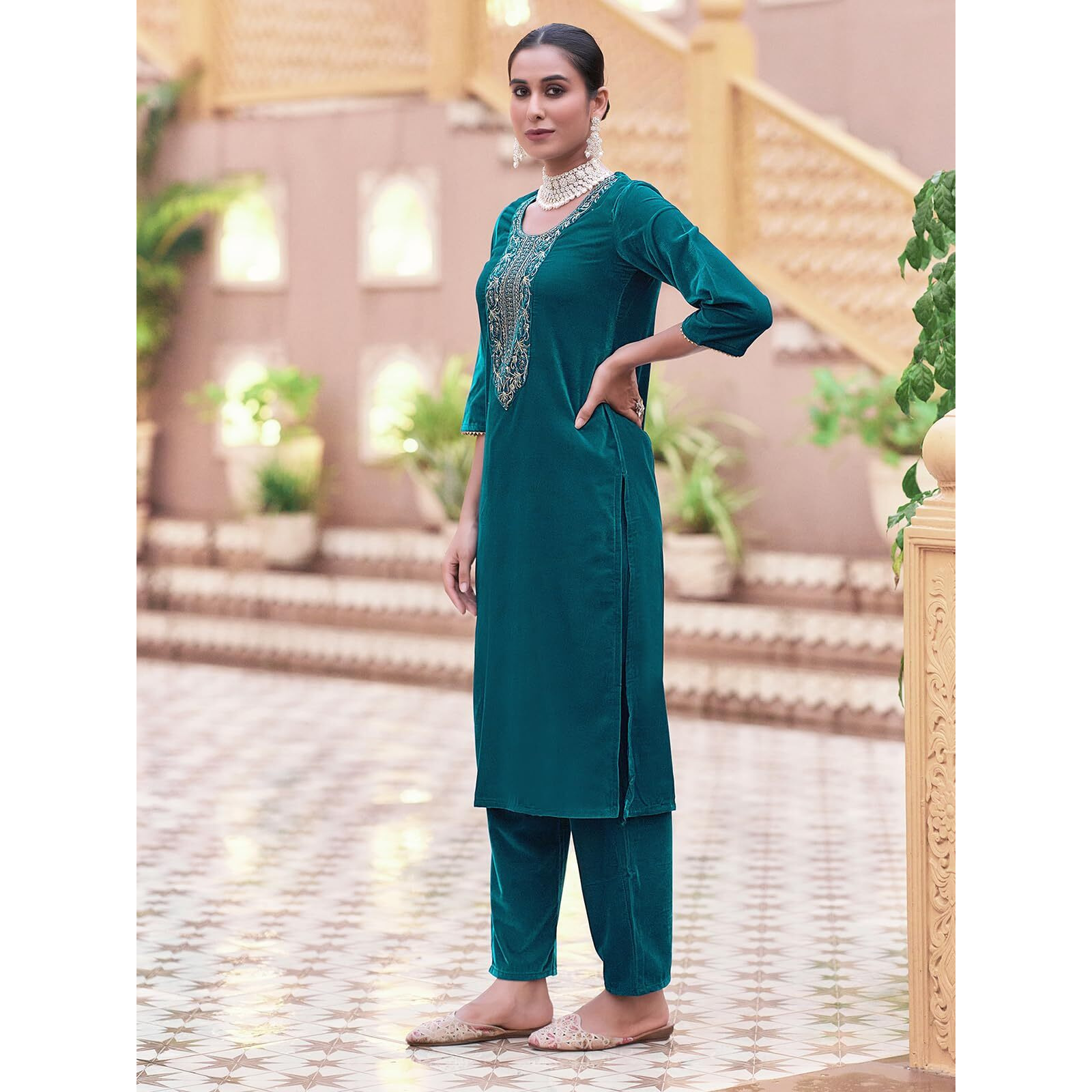 Sanisa Women's Velvet Sequins Embroidery Straight Kurta With Pant And Dupatta Set (224Kbd2371N-L_Rama Blue1)