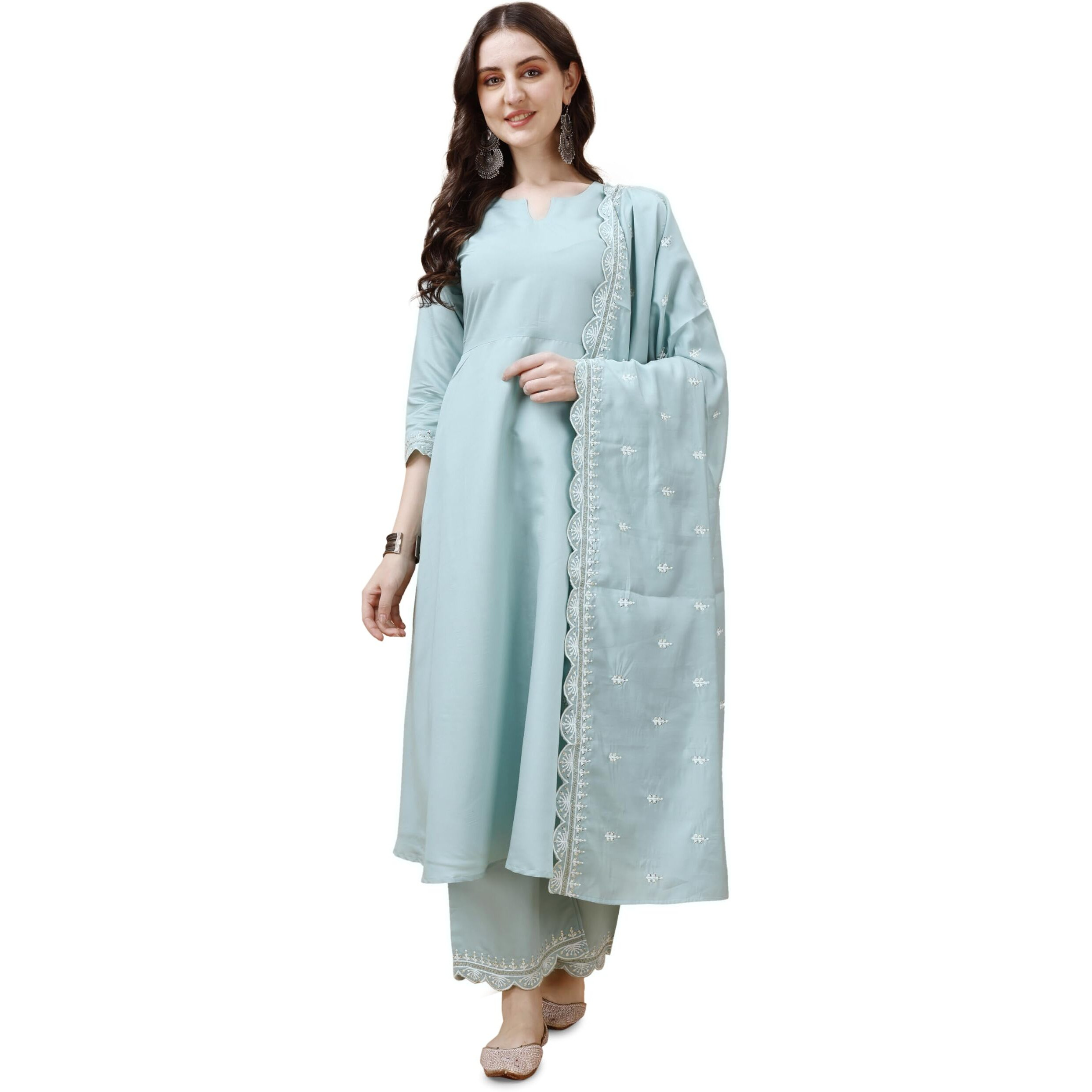 Pratham Blue Women's Chanderi Silk Embroidered Anarkali Kurta With Palazzos And Dupatta (Pb-6123-Xxl_Blue)