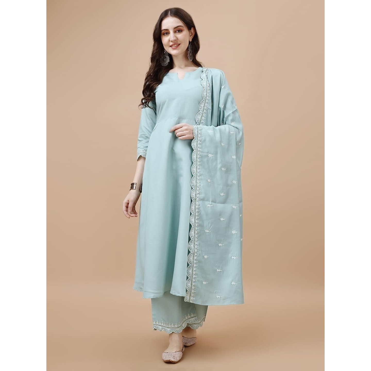 Pratham Blue Women's Chanderi Silk Embroidered Anarkali Kurta With Palazzos And Dupatta (Pb-6123-Xxl_Blue)