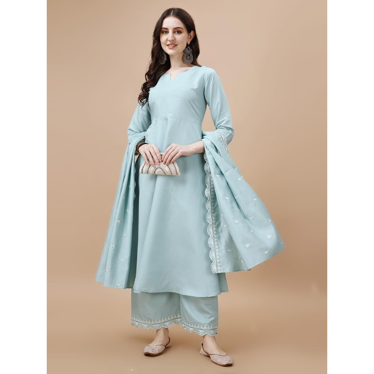 Pratham Blue Women's Chanderi Silk Embroidered Anarkali Kurta With Palazzos And Dupatta (Pb-6123-Xxl_Blue)