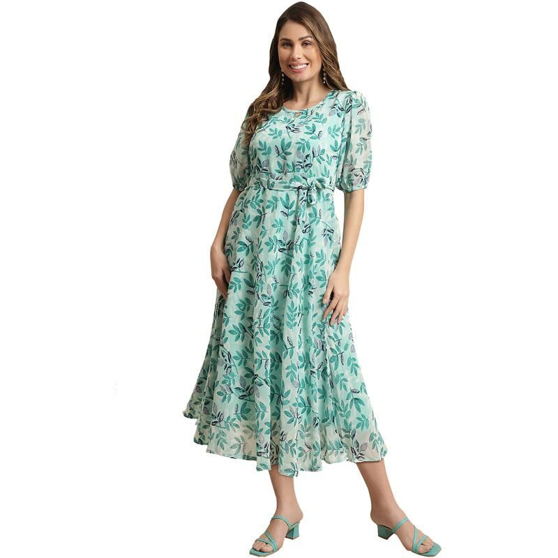Preneum Women's Maxi Fit & Flare Latest Style Print Georgette Regular Sleeves Casual Summer Maxi | Festival & Occasion, Sky Blue, Xl