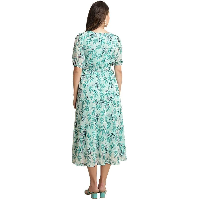 Preneum Women's Maxi Fit & Flare Latest Style Print Georgette Regular Sleeves Casual Summer Maxi | Festival & Occasion, Sky Blue, Xl