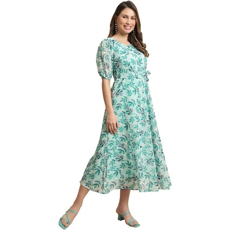 Preneum Women's Maxi Fit & Flare Latest Style Print Georgette Regular Sleeves Casual Summer Maxi | Festival & Occasion, Sky Blue, Xl