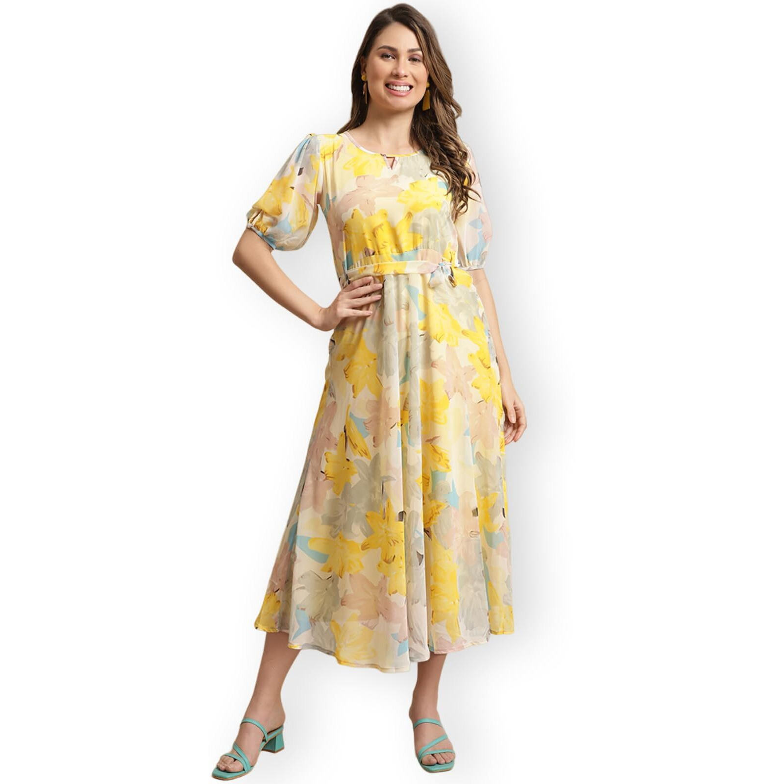 Preneum Women's Maxi Fit & Flare Latest Style Print Georgette Regular Sleeves Casual Summer Maxi Dress || Festival & Occasion, Light Yellow, 2Xl