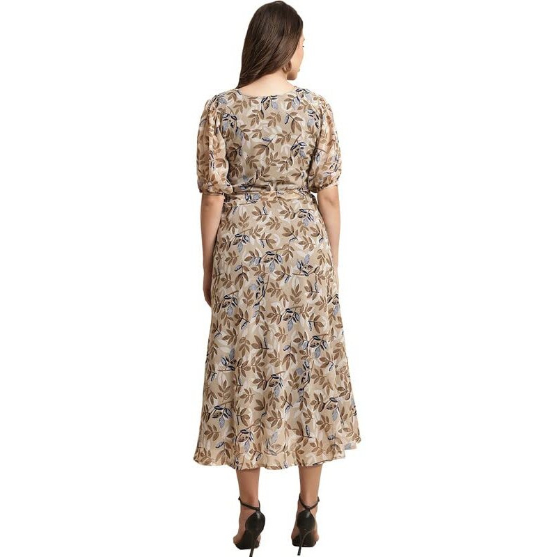 Preneum Women Fit & Flare Latest Style Print Georgette Regular Sleeves Casual Summer Maxi Dress | Festival & Occasion, Brown, L
