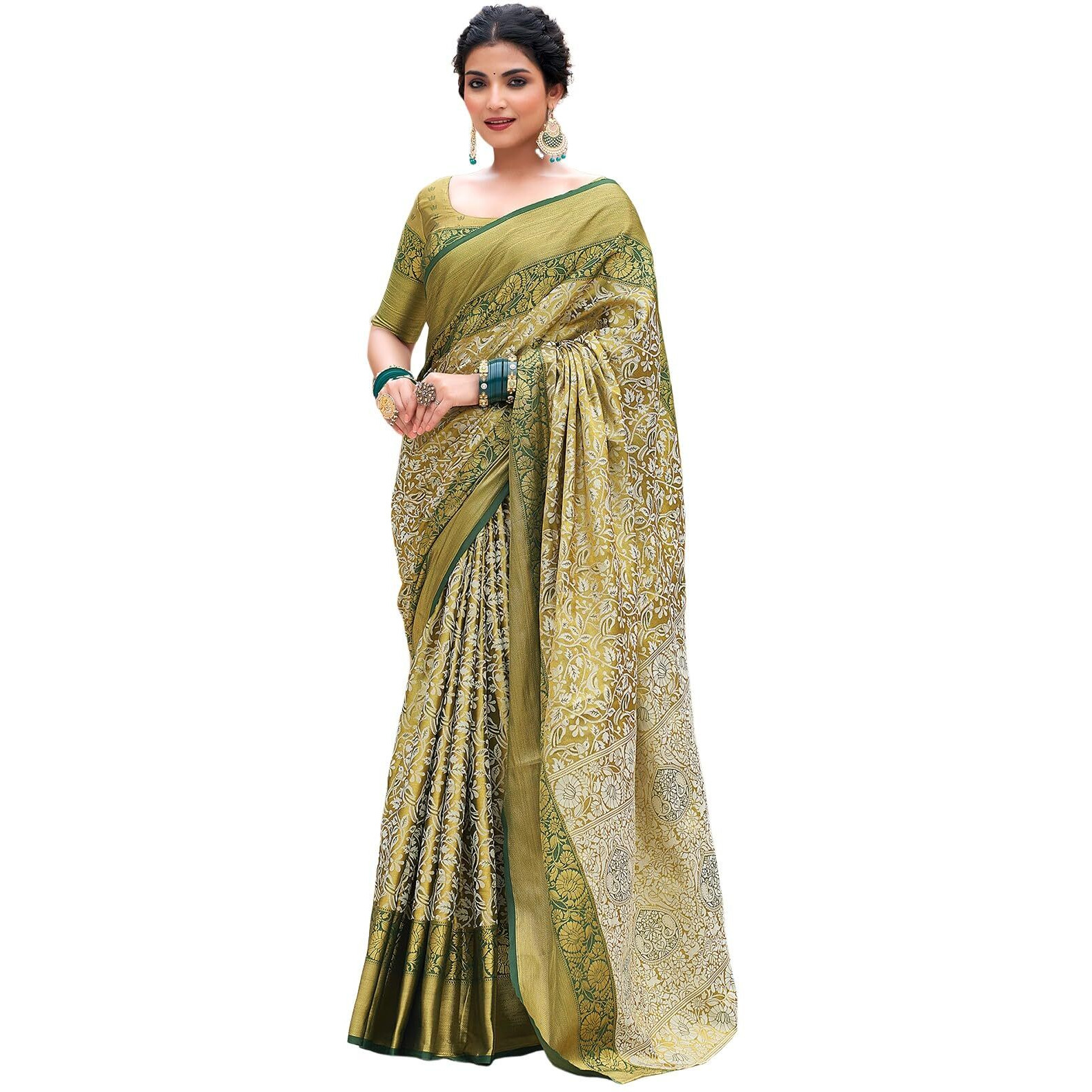 Satrani Women's Silk Banarasi Jacquard Saree With Unstitched Blouse Piece (3927S451N_Dark Green & Golden)