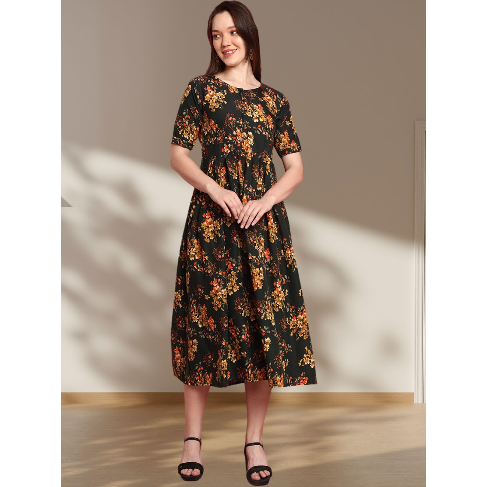 Preneum Women's Rayon A-Line Knee-Length Dress (GownParent-1_Green_M)