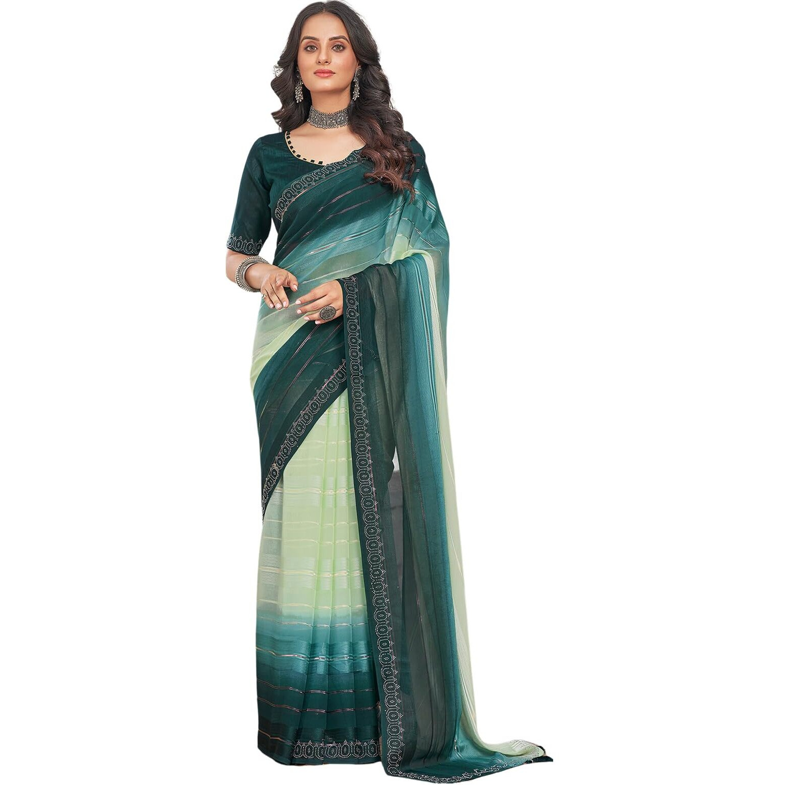 Satrani Women's Zari & Satin Stripe Stone Work Embellished Georgette Saree With Unstitched Blouse Piece (3742S363N_Light Pista Green & Dark Green)