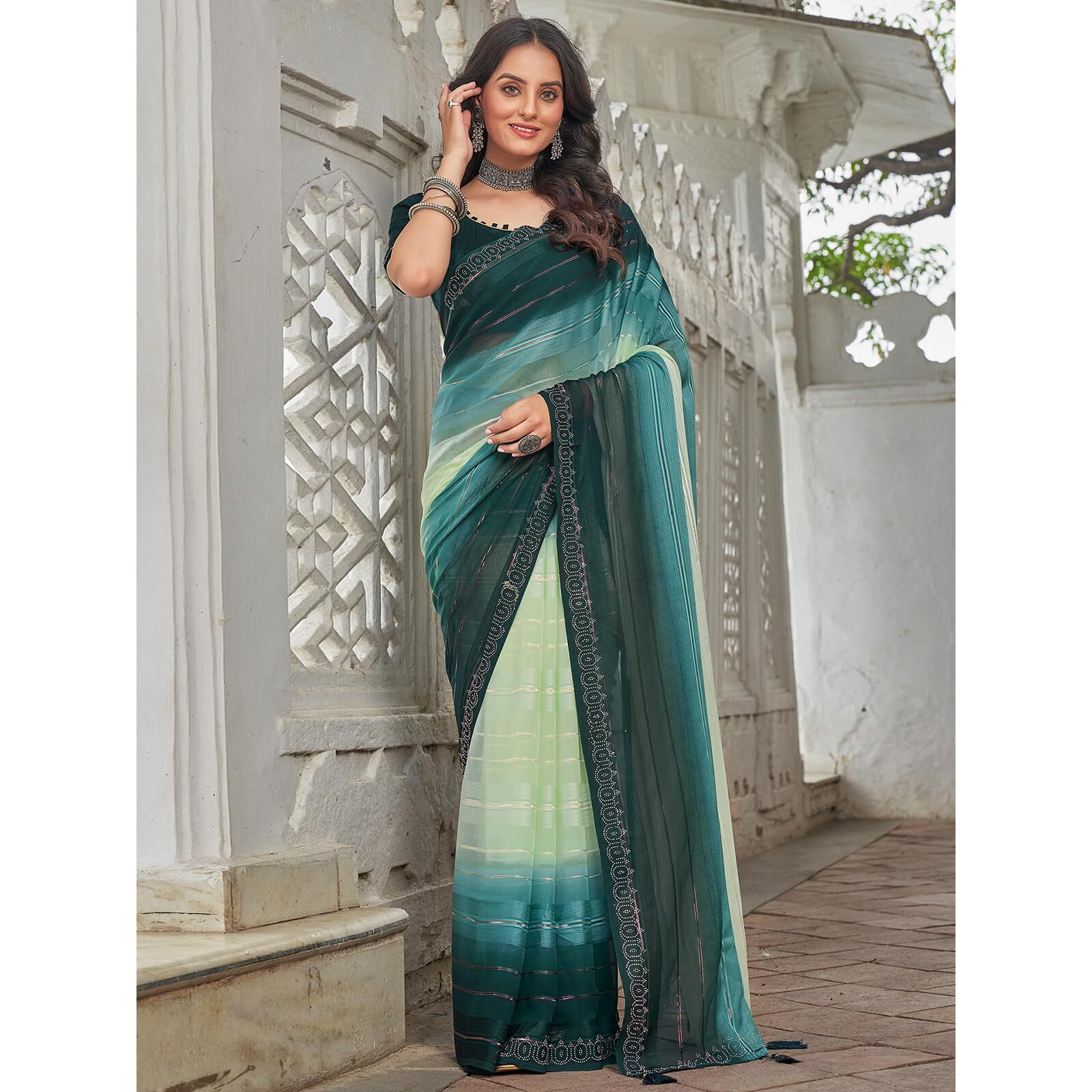 Satrani Women's Zari & Satin Stripe Stone Work Embellished Georgette Saree With Unstitched Blouse Piece (3742S363N_Light Pista Green & Dark Green)