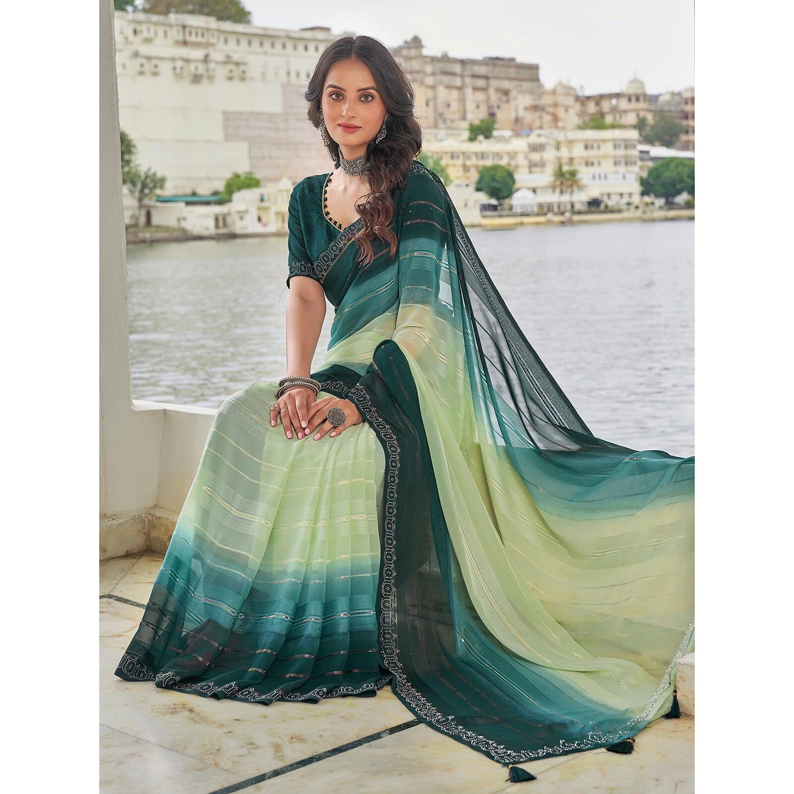 Satrani Women's Zari & Satin Stripe Stone Work Embellished Georgette Saree With Unstitched Blouse Piece (3742S363N_Light Pista Green & Dark Green)