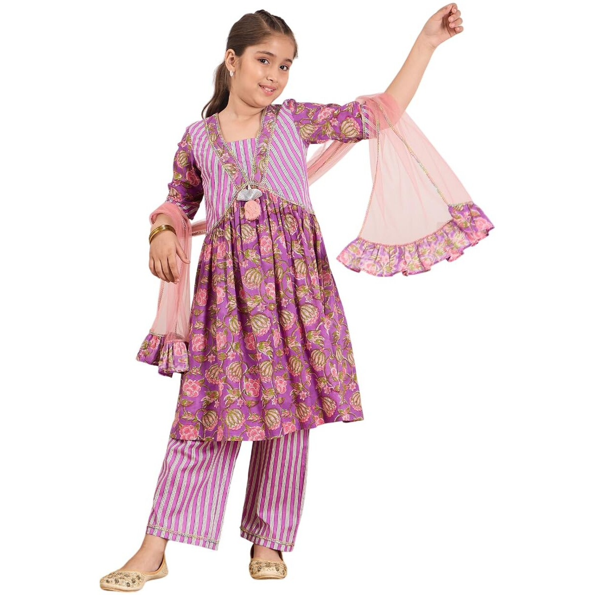 Pspeaches Girl's Cotton Regular Kurta Set (Ks-Purplestripe-6-7Y_Purple