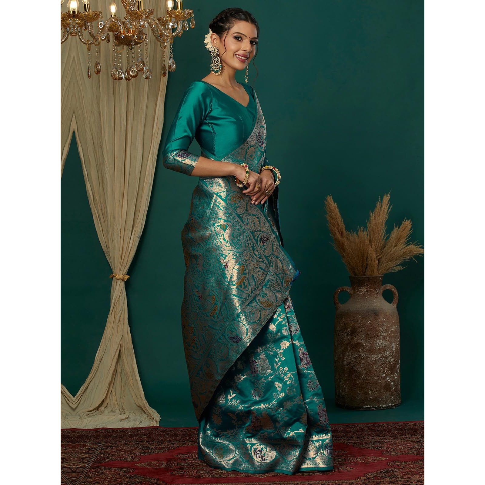 Satrani Women's Silk Blend Weaving Banarasi Saree With Unstitched Blouse Piece (4100S732N_Teal Green.1)