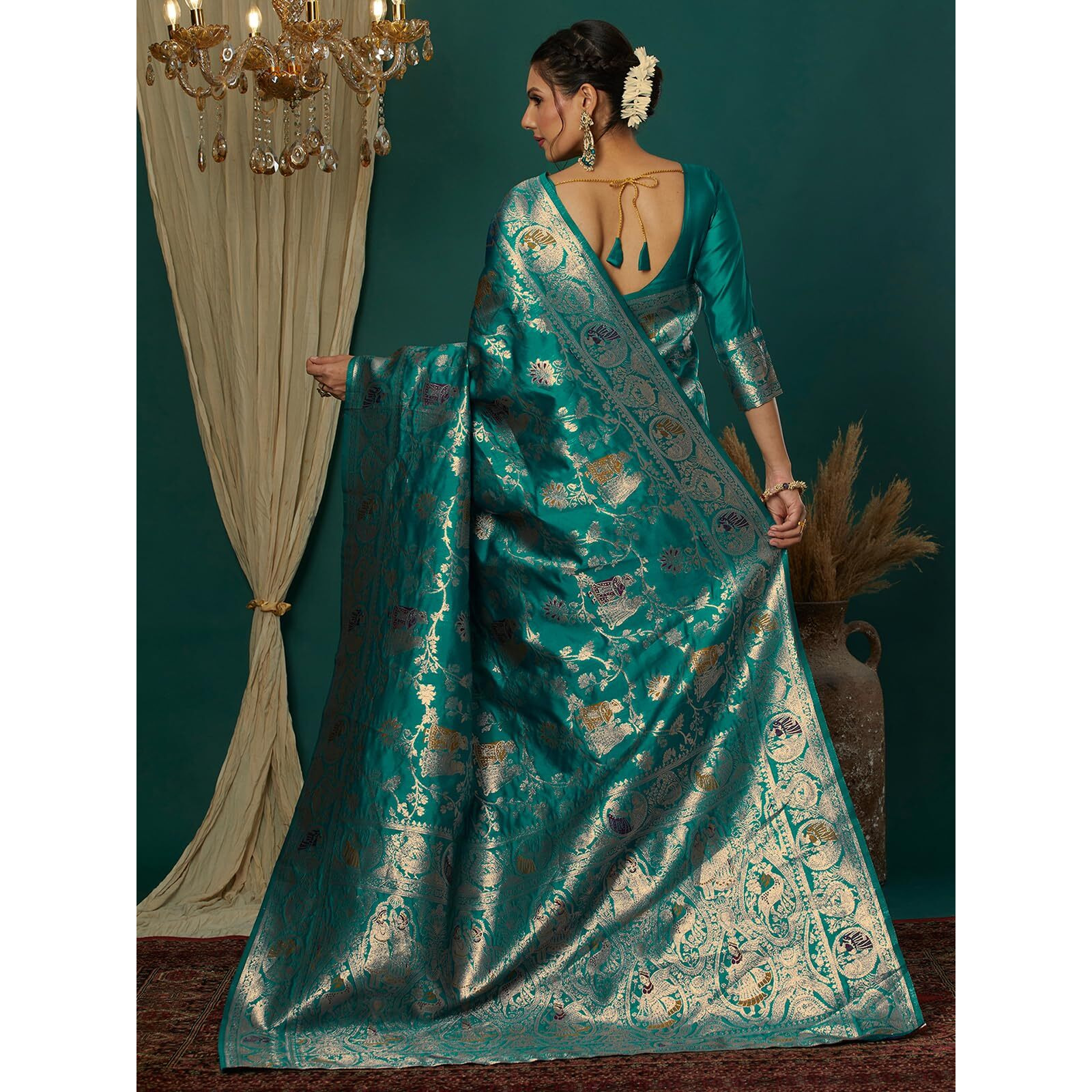 Satrani Women's Silk Blend Weaving Banarasi Saree With Unstitched Blouse Piece (4100S732N_Teal Green.1)